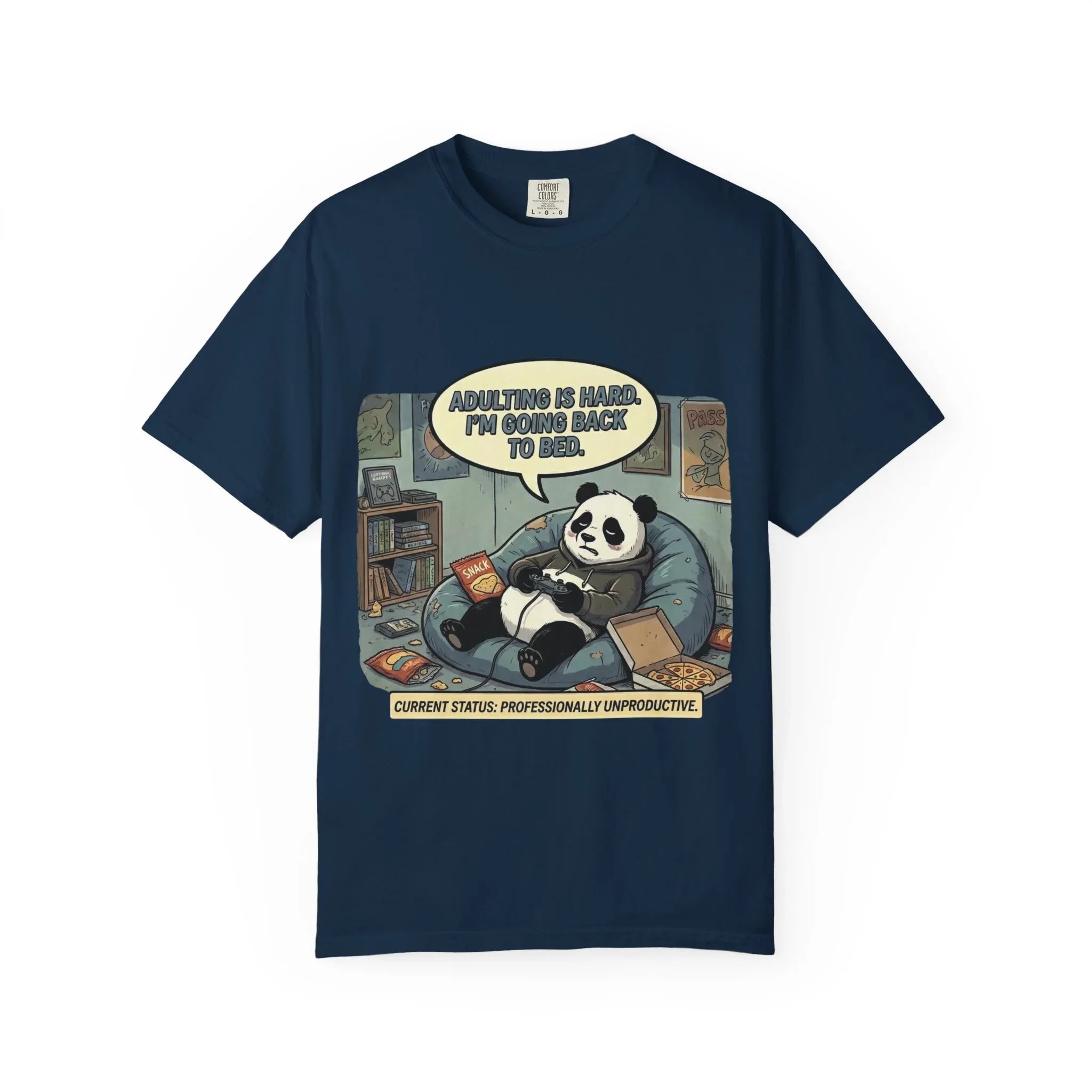 Adulting Is Hard Panda T-Shirt | Lazy Reading Graphic Tee | Cozy Bookworm Humor Gift | Vintage Anti Hustle Comic Shirt True Navy