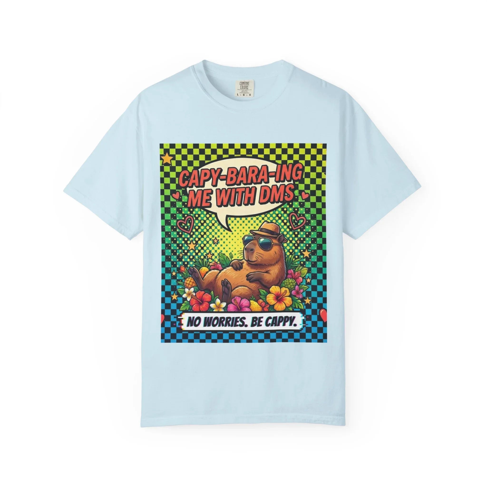 Capybara Relaxing Cartoon T-Shirt | Capy-bara-ing Me With DMs Tee | No Worries Be Cappy | Viral Meme Humor Gift Shirt Chambray