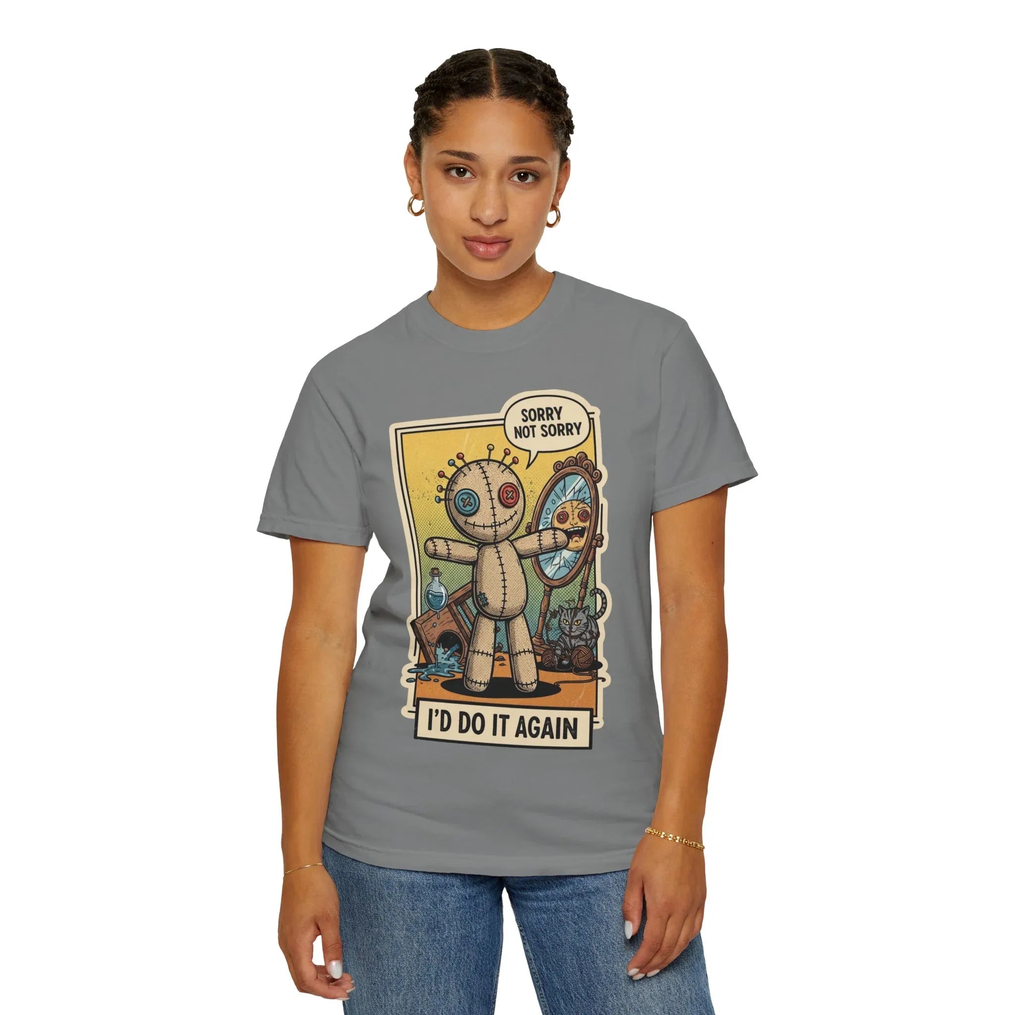 Sorry Not Sorry Voodoo Doll Shirt - Sarcastic "I'd Do It Again" Graphic Tee - Retro Comic Dark Humor T-Shirt - Vintage Black Cat Aesthetic Streetwear - Unapologetic Mood Gift