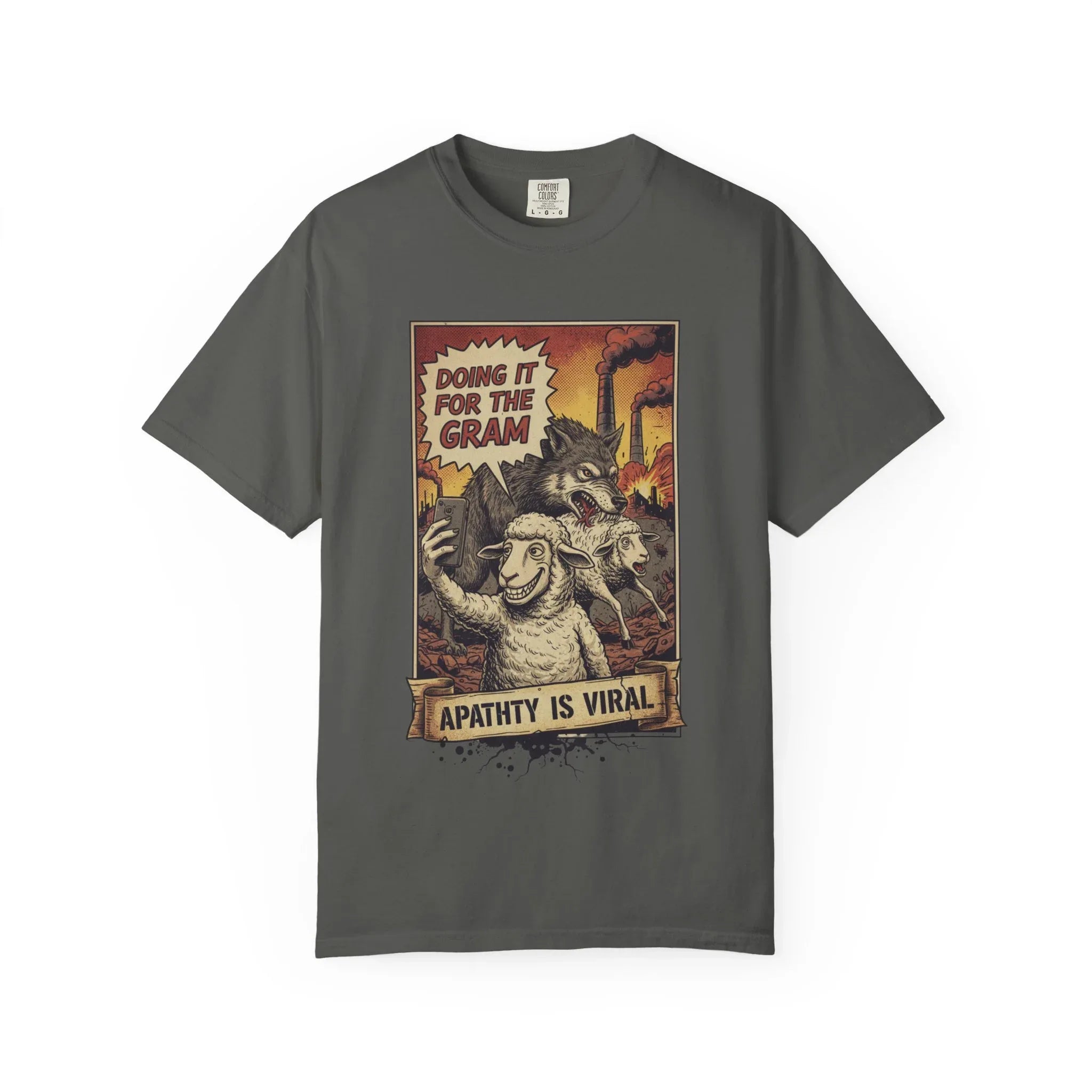 Doing It For The Gram Vintage Shirt - Satirical Wolf and Sheep Graphic Tee - Retro Social Media Irony T-Shirt - 1950s Propaganda Style Dark Humor - Unapologetic Social Critique Apparel Pepper