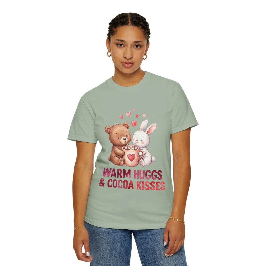 Warm Hugs and Cocoa Kisses T-Shirt | Bear Bunny Hot Cocoa Design | Cozy Winter Valentine Gift | Soft Vintage Aesthetic Tee