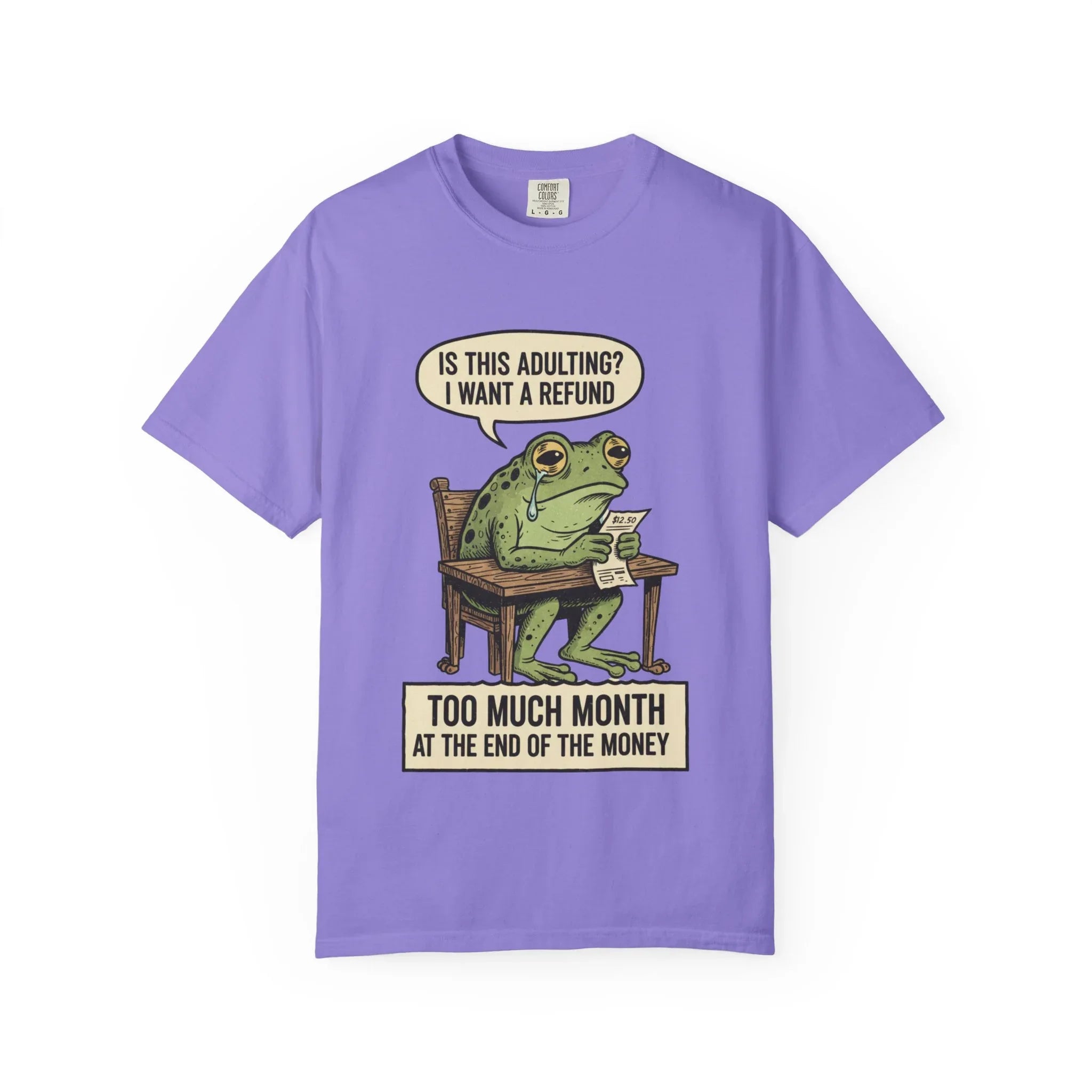 Funny Adulting Shirt - Sad Frog Hoodie - "I Want A Refund On Adulting" Tee - Broke Meme Gift - Financial Humor T-Shirt - Vintage Animal Art Millennial Top Violet