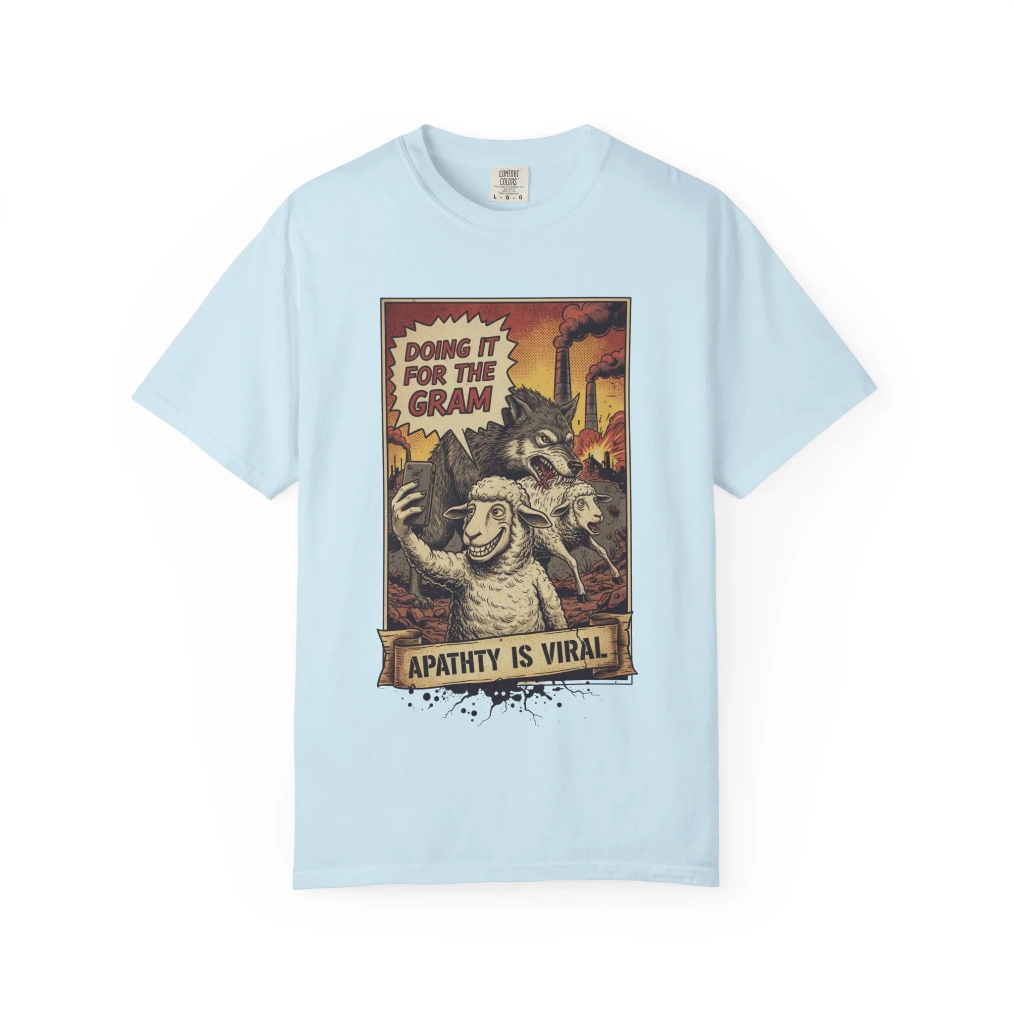 Doing It For The Gram Vintage Shirt - Satirical Wolf and Sheep Graphic Tee - Retro Social Media Irony T-Shirt - 1950s Propaganda Style Dark Humor - Unapologetic Social Critique Apparel Chambray