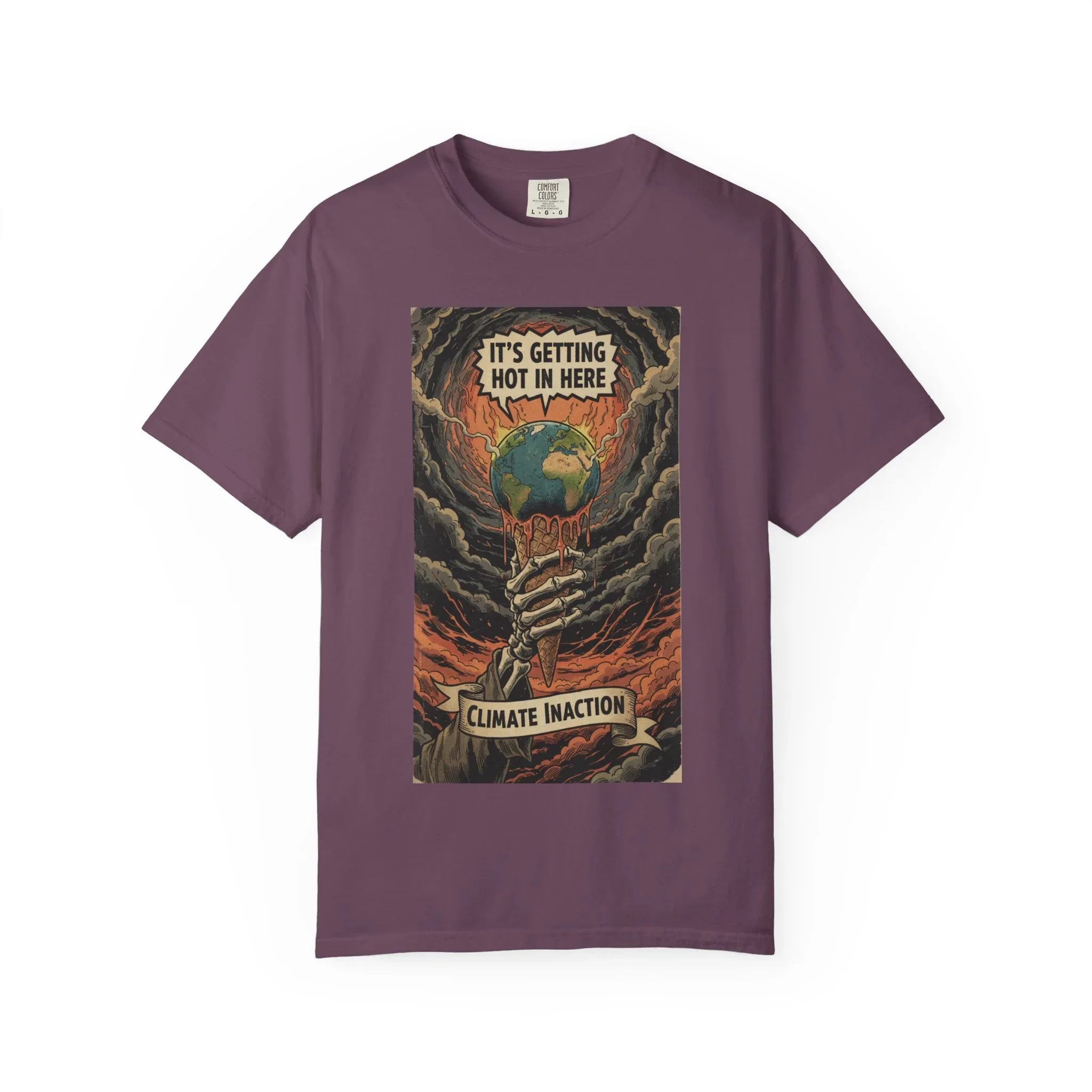 Climate Inaction Skeleton Melting Earth Shirt - Vintage Graphic Global Warming Activist Tee - Retro Aesthetic Sarcastic Eco-Friendly Gift - Heavyweight Garment-Dyed Unisex T-shirt Berry