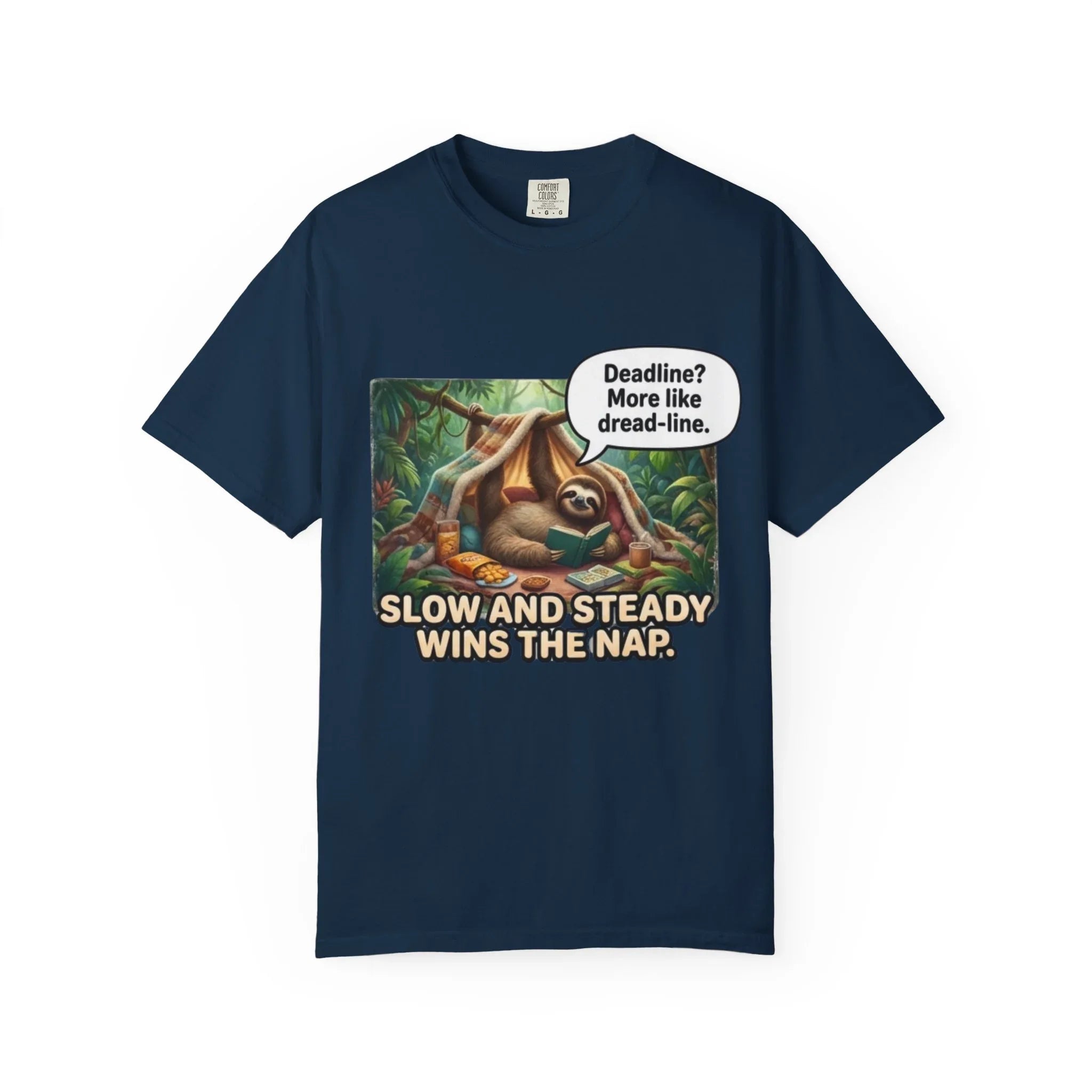 Slow and Steady Wins the Nap Sloth T-Shirt | Cute Lazy Sloth Illustration | Self Care Humor Gift | Vintage Cozy Productivity Tee True Navy