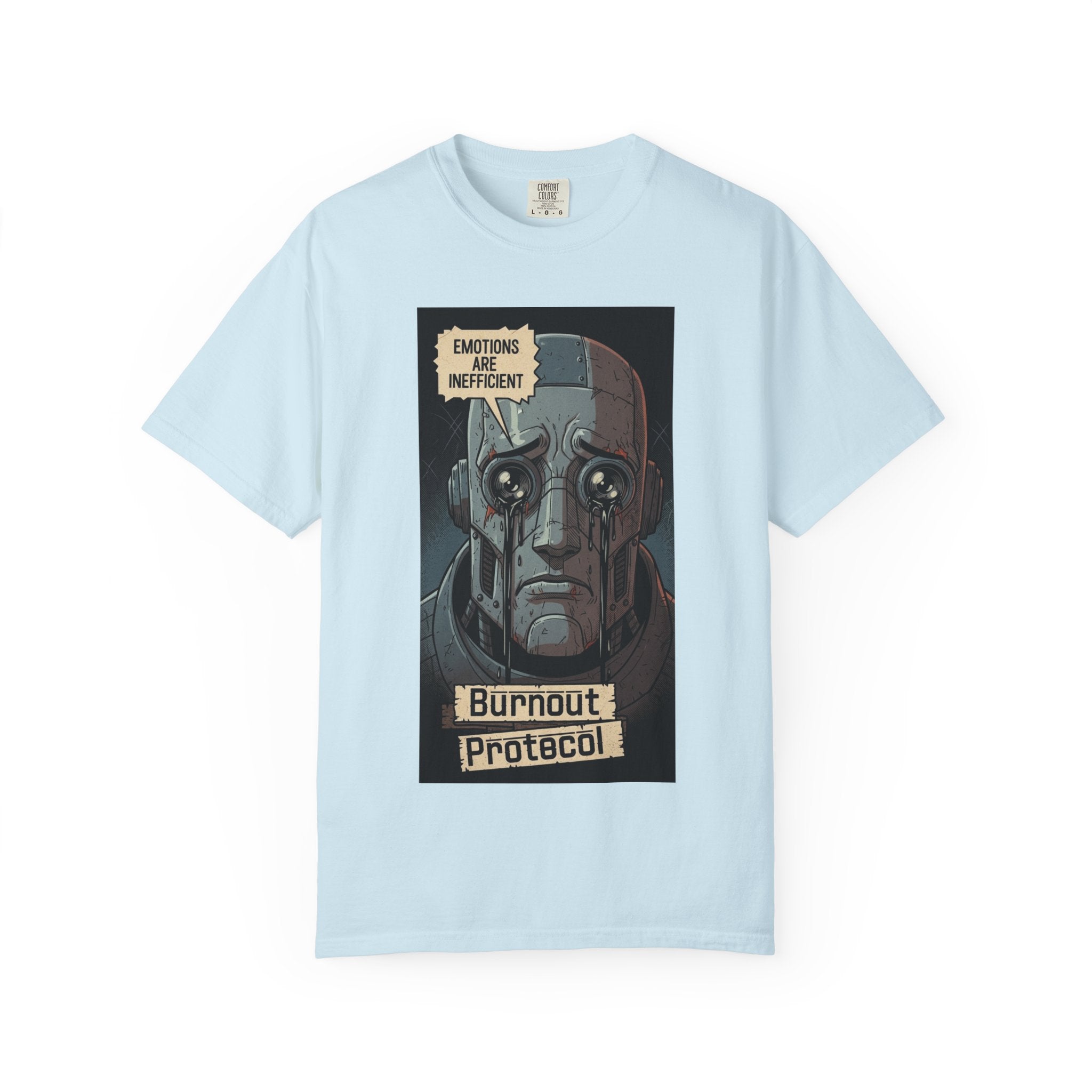 Burnout Protocol Robot Shirt Retro Comic Graphic Tee Sarcastic Android Emotions Are Inefficient Top Vintage Tech Gift for Engineers Chambray