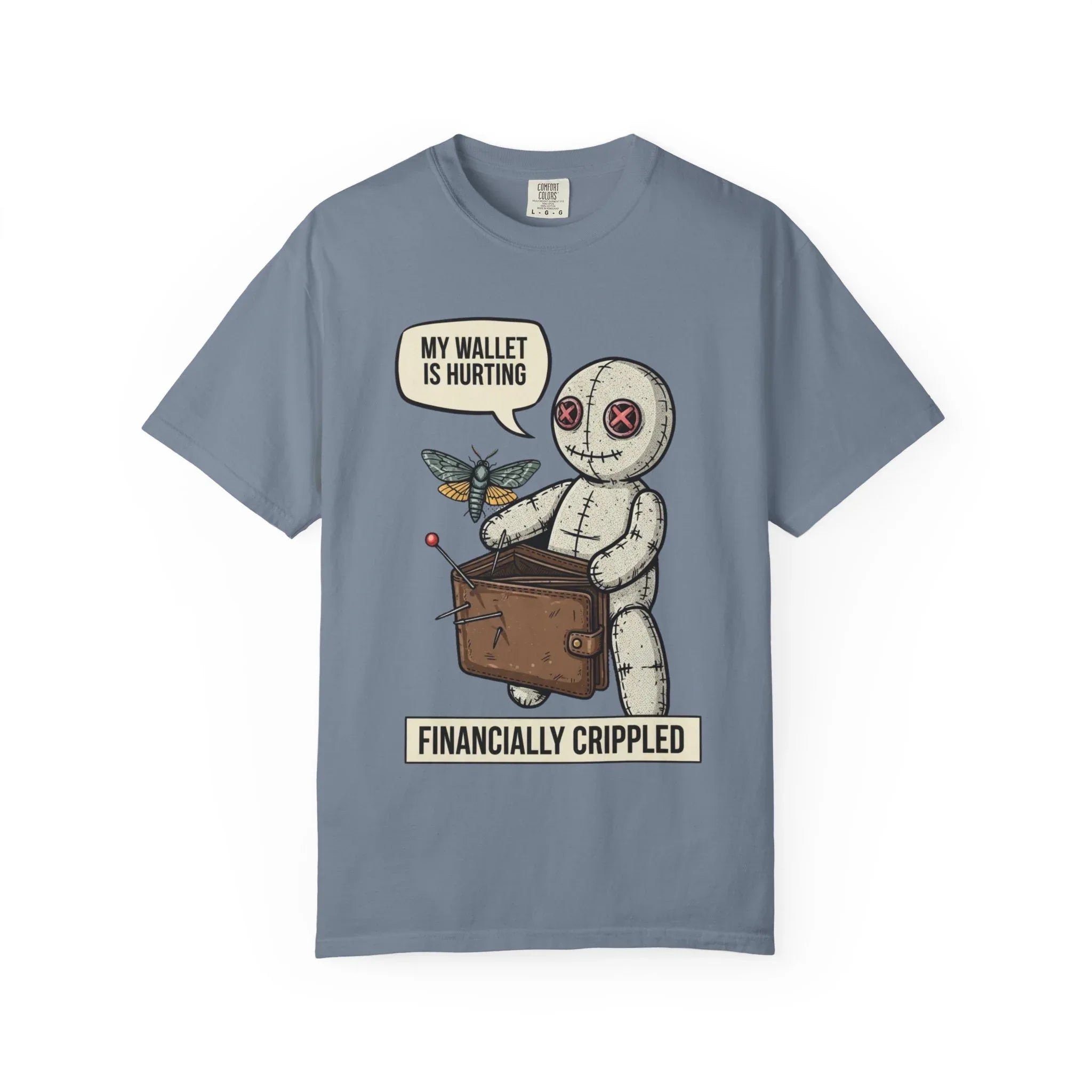 Funny Voodoo Doll Broke Life Shirt - Sarcastic "Financially Crippled" Graphic Tee - Retro Dark Humor Wallet T-Shirt - Vintage Aesthetic Streetwear Gift - Relatable Financial Struggle Mood Shirt Blue Jean