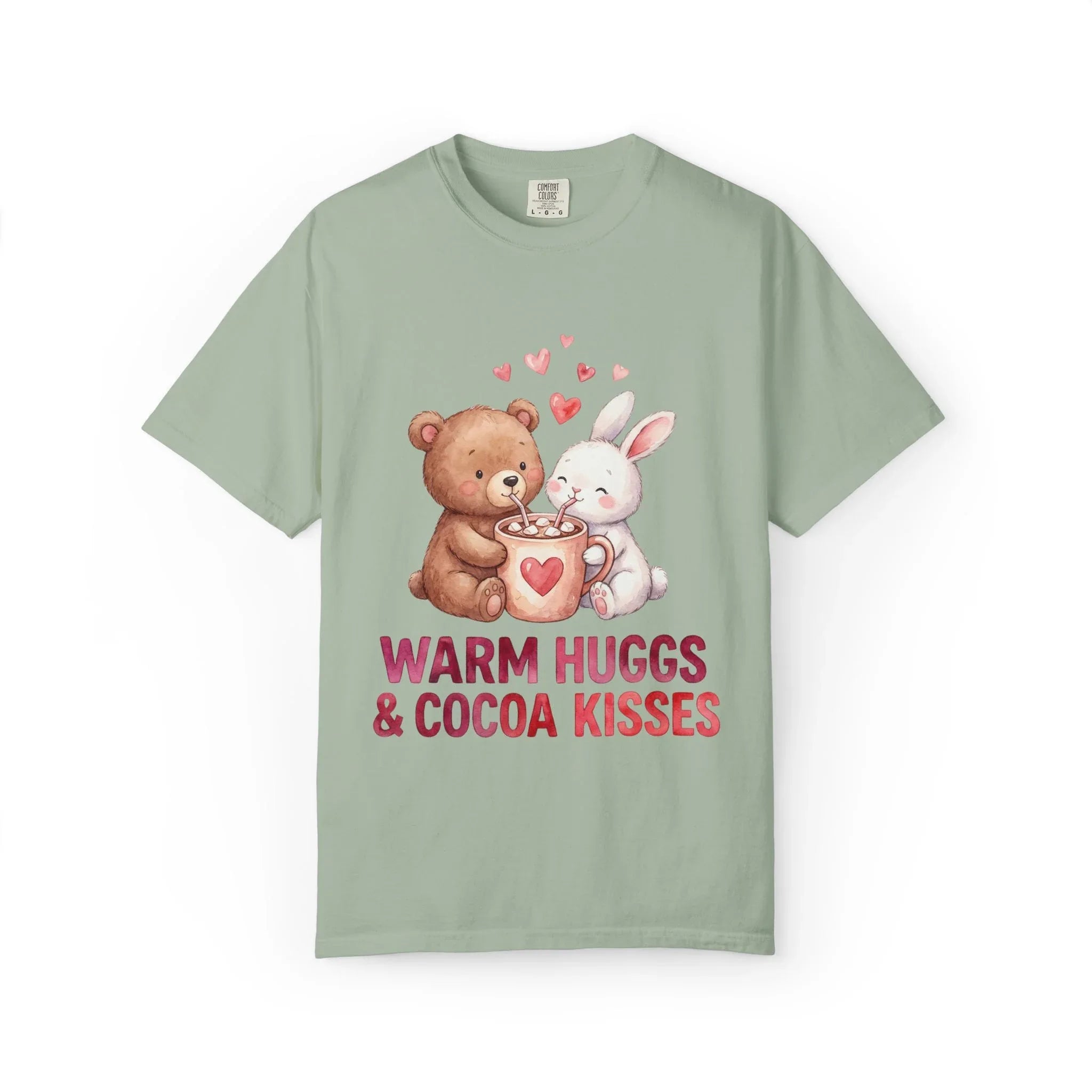 Warm Hugs and Cocoa Kisses T-Shirt | Bear Bunny Hot Cocoa Design | Cozy Winter Valentine Gift | Soft Vintage Aesthetic Tee Bay