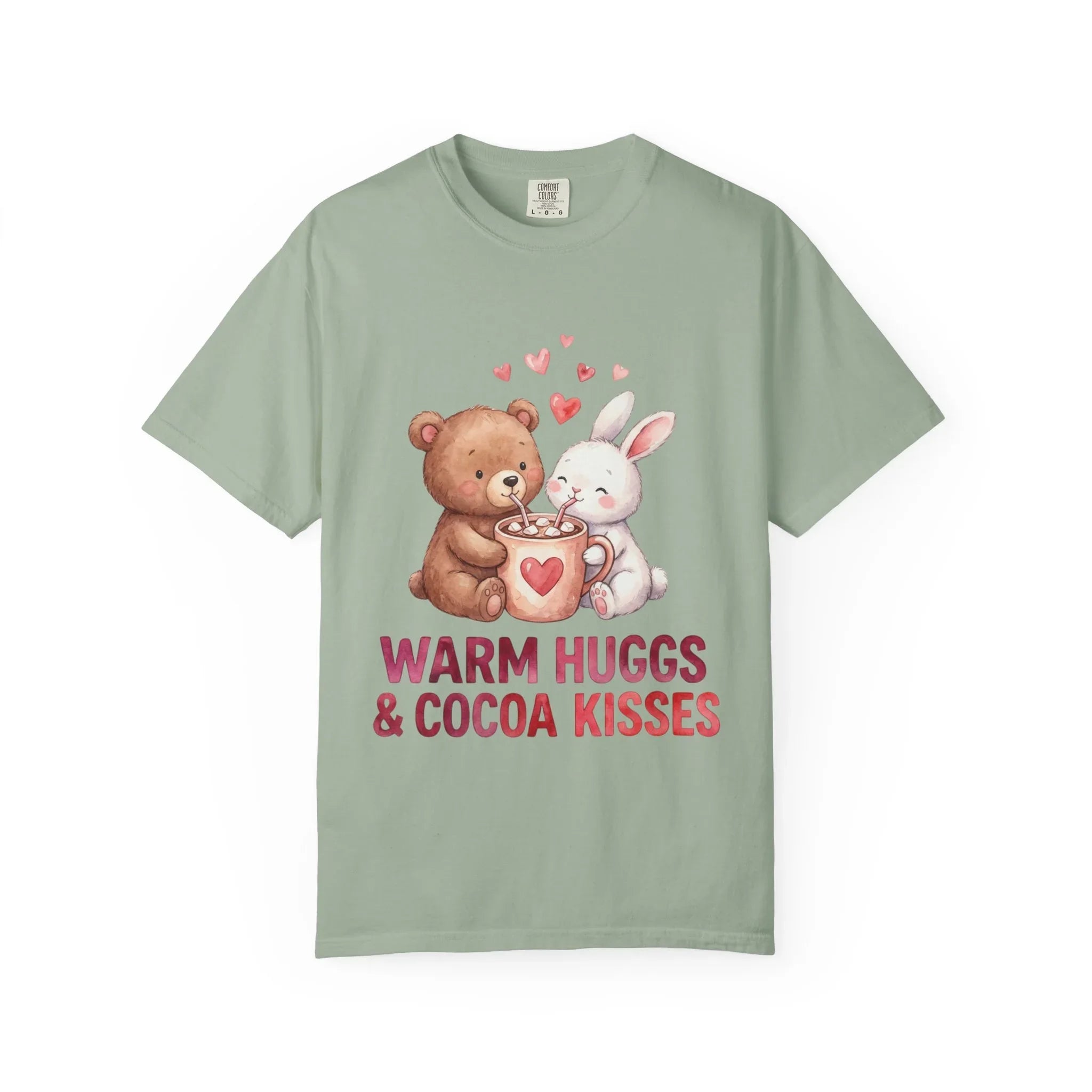 Warm Hugs and Cocoa Kisses T-Shirt | Bear Bunny Hot Cocoa Design | Cozy Winter Valentine Gift | Soft Vintage Aesthetic Tee Bay