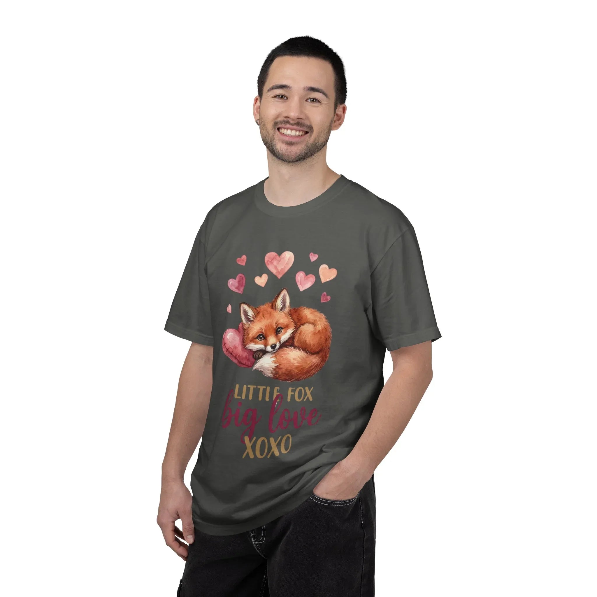 Sleeping Fox with Hearts T-Shirt | Little Fox Big Love XOXO | Cozy Woodland Valentine Gift | Soft Vintage Aesthetic Tee Pepper