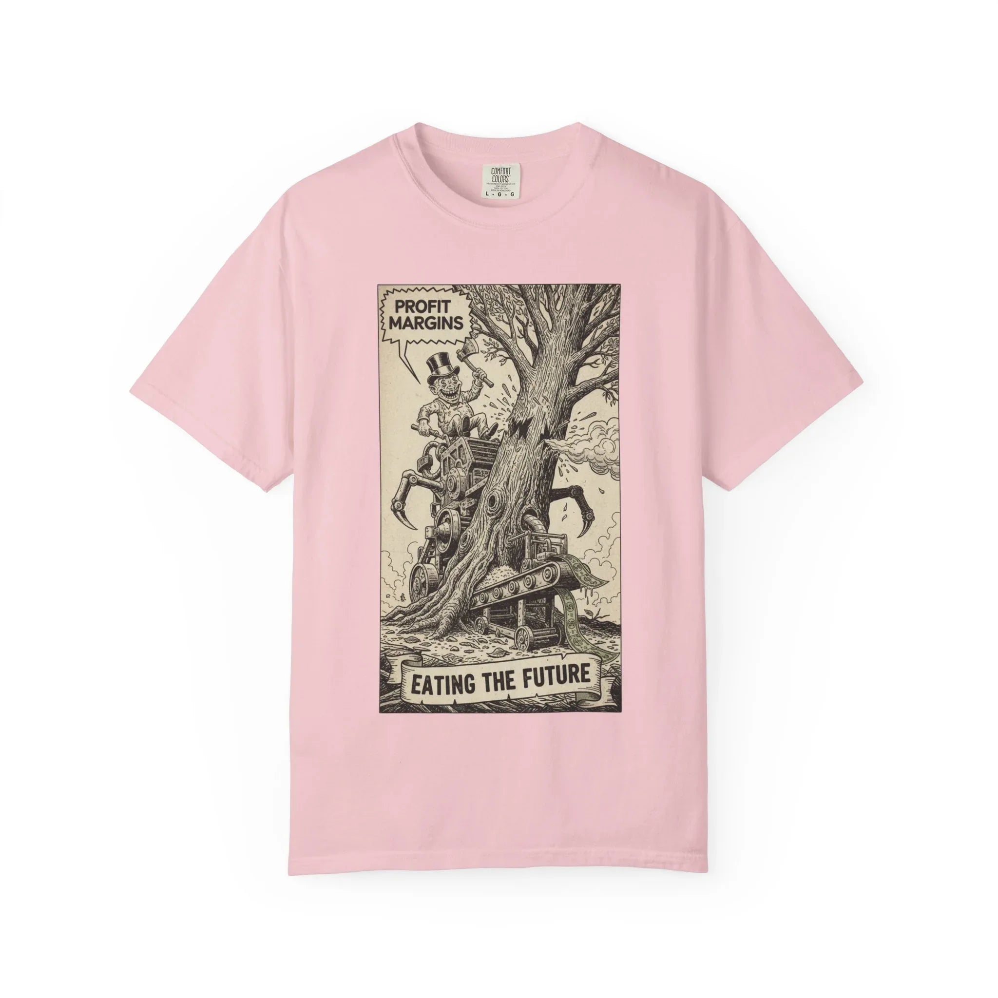 Eating The Future Shirt - Satirical Political Graphic Tee - Vintage Woodcut Eco Activist T-Shirt - Corporate Greed Social Commentary - Environmental Awareness Aesthetic Streetwear Blossom