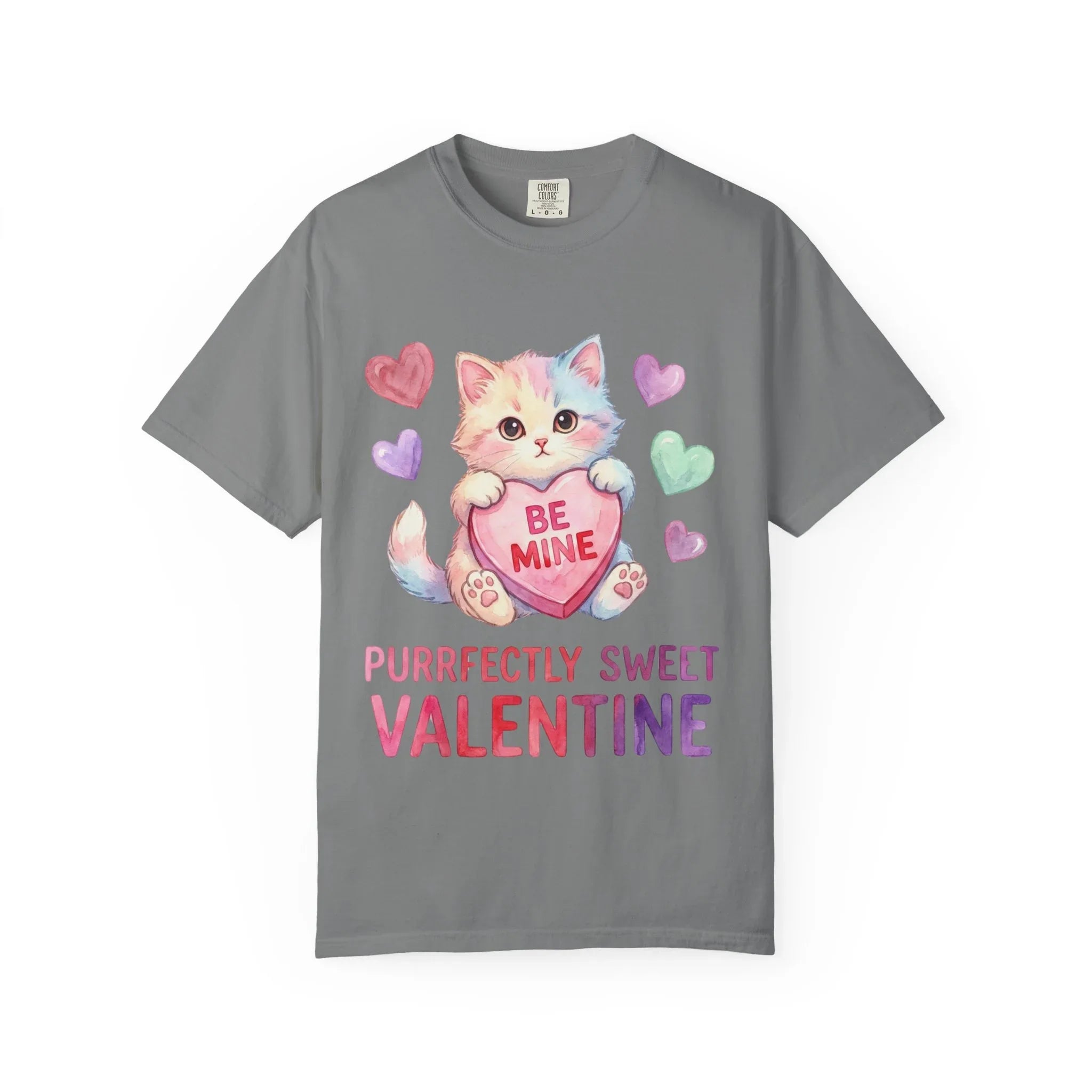 Purrfectly Sweet Valentine Cat T-Shirt | Be Mine Heart Design | Cute Pastel Kitten Tee | Cozy Romantic Gift for Cat Lovers Grey