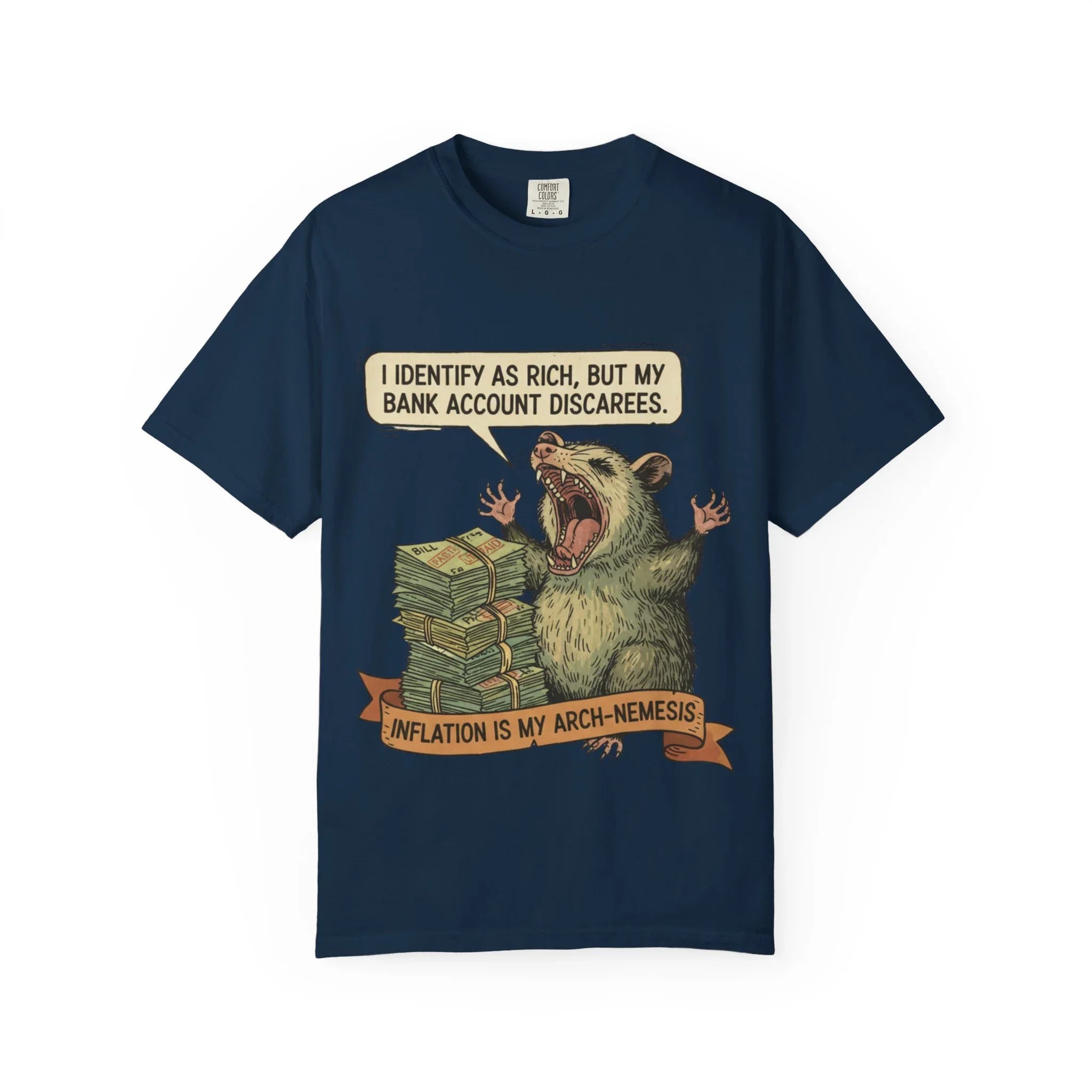 Funny Opossum Shirt I Identify As Rich Sarcastic Animal Meme Tee Screaming Opossum Gift for Friend Inflation Struggle Humor Top True Navy
