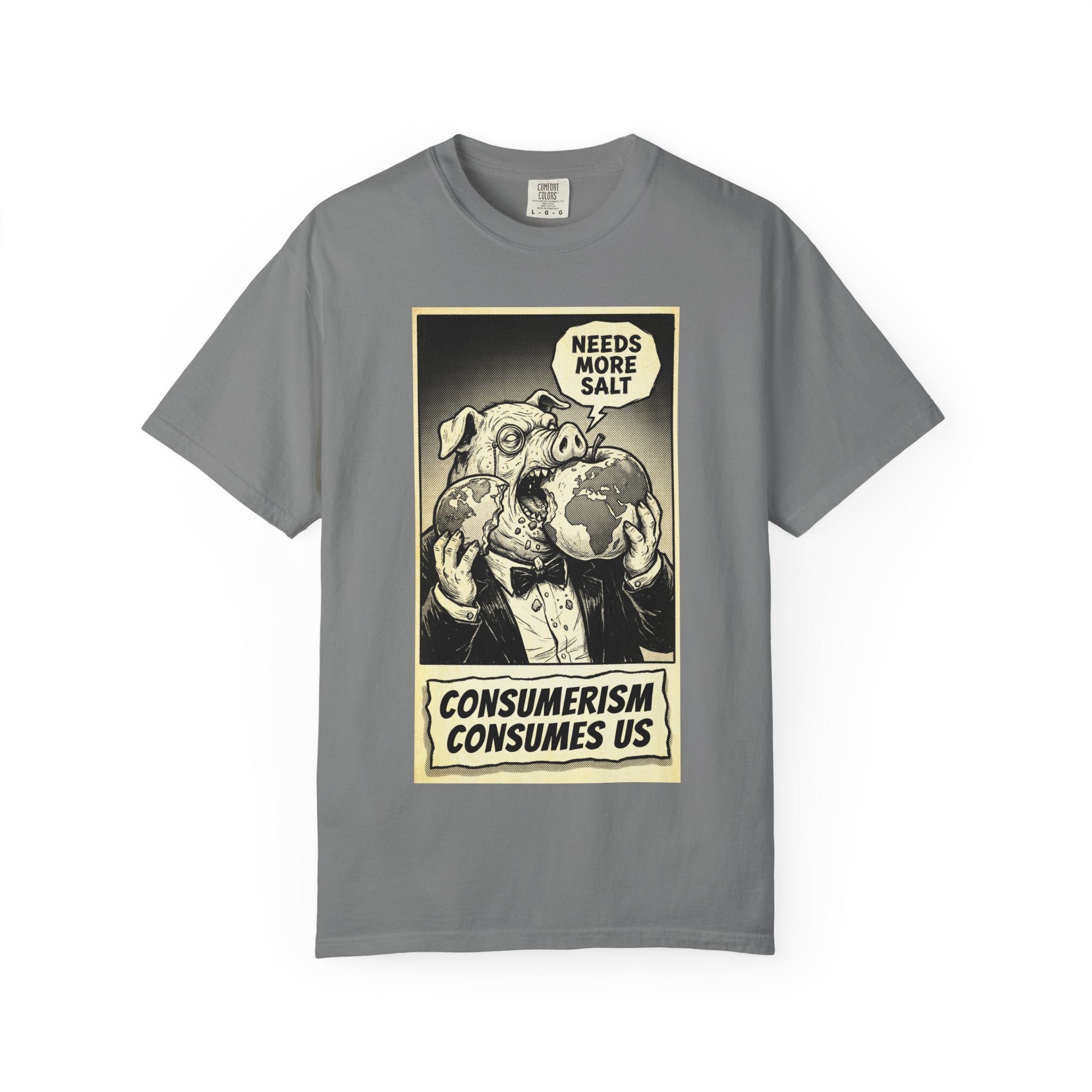 Consumerism Consumes Us T-Shirt | Vintage Satire Corporate Pig Graphic Tee | Anti-Capitalism Activist Apparel Grey
