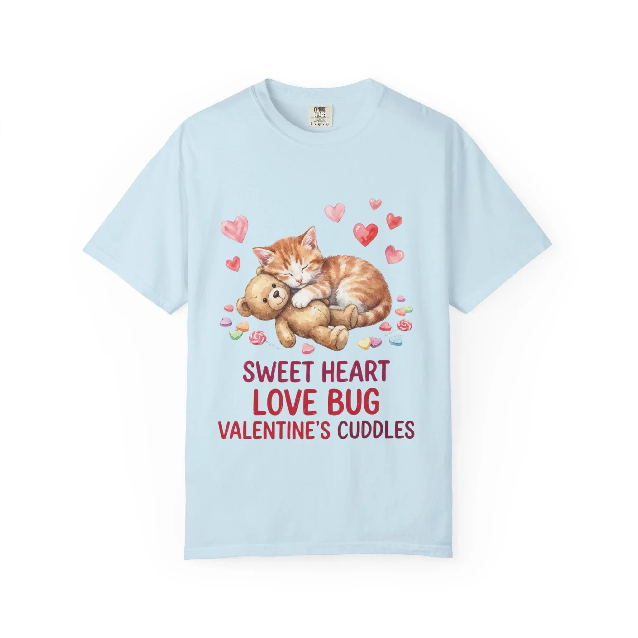 Sleeping Kitten with Teddy Bear Valentine T-Shirt | Sweetheart Love Bug Cuddles | Cozy Vintage Aesthetic | Cute Romantic Gift Chambray