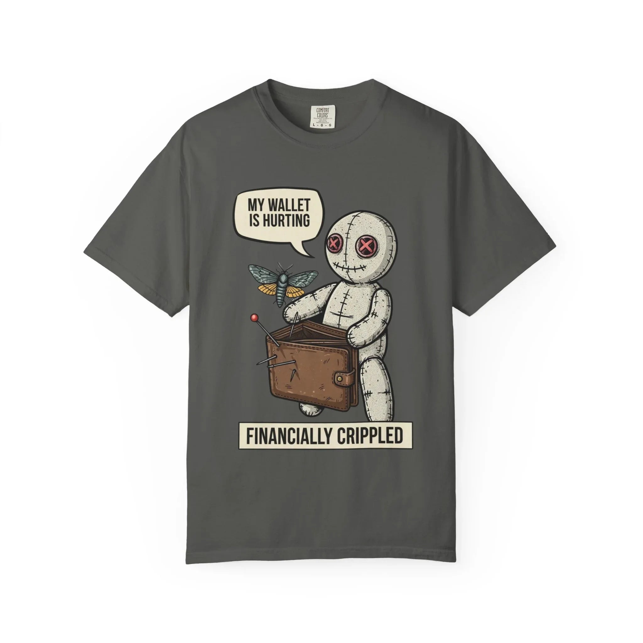 Funny Voodoo Doll Broke Life Shirt - Sarcastic "Financially Crippled" Graphic Tee - Retro Dark Humor Wallet T-Shirt - Vintage Aesthetic Streetwear Gift - Relatable Financial Struggle Mood Shirt Pepper