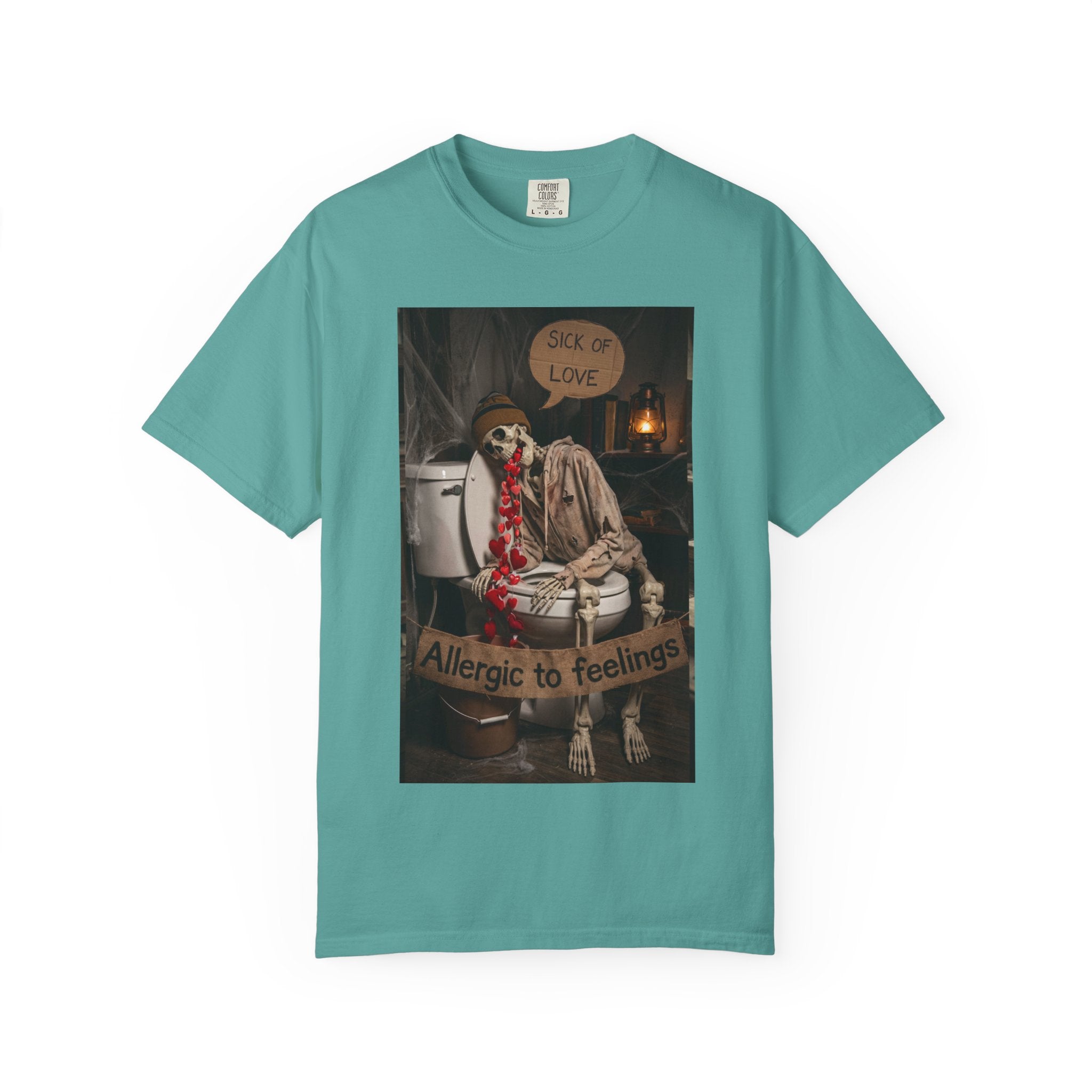 🤮 Sick of Love – Vintage Skeleton Heartbreak Satire & Grunge Streetwear Vintage Skeleton Graphic Tee - Sick of Love Dark Humor Streetwear Seafoam