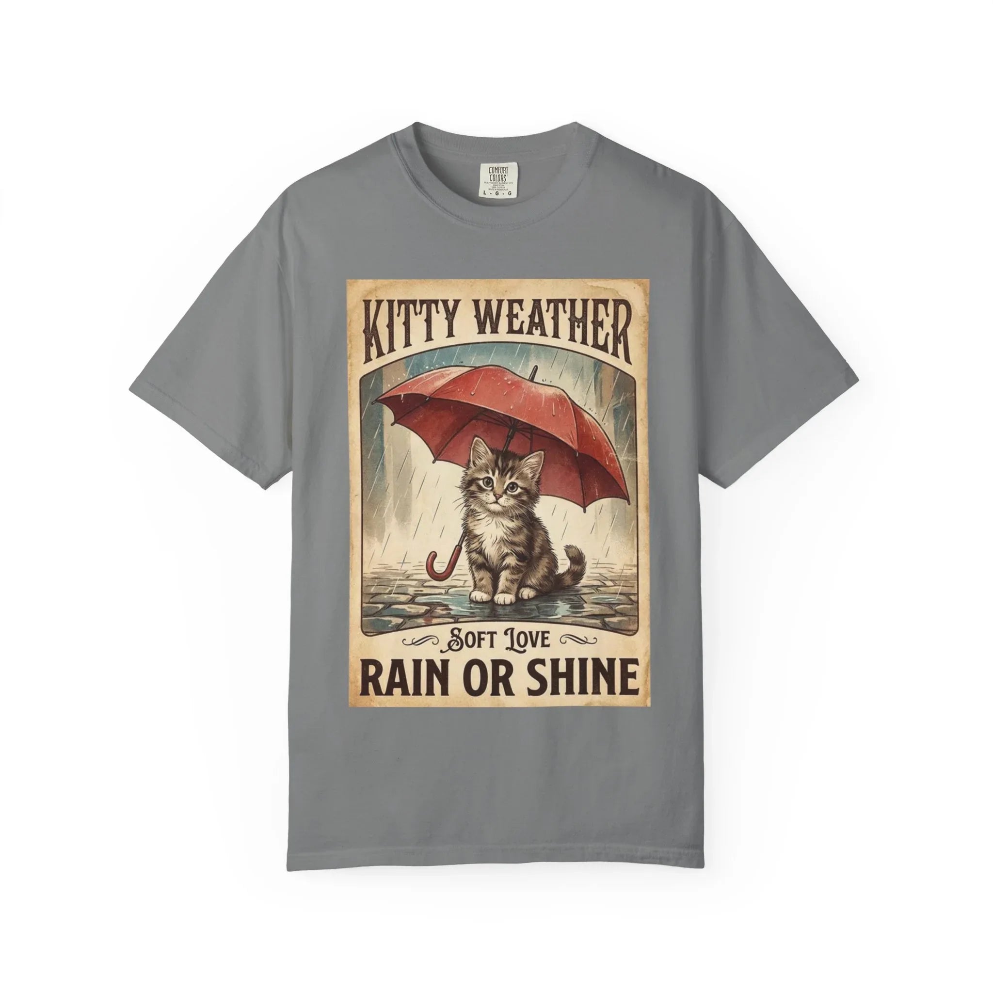 Kitty Weather Rain or Shine Shirt, Umbrella Cat Vintage Poster T-Shirt, Cozy Rainy Day Kitten Tee, Retro Cat Lover Gift Grey