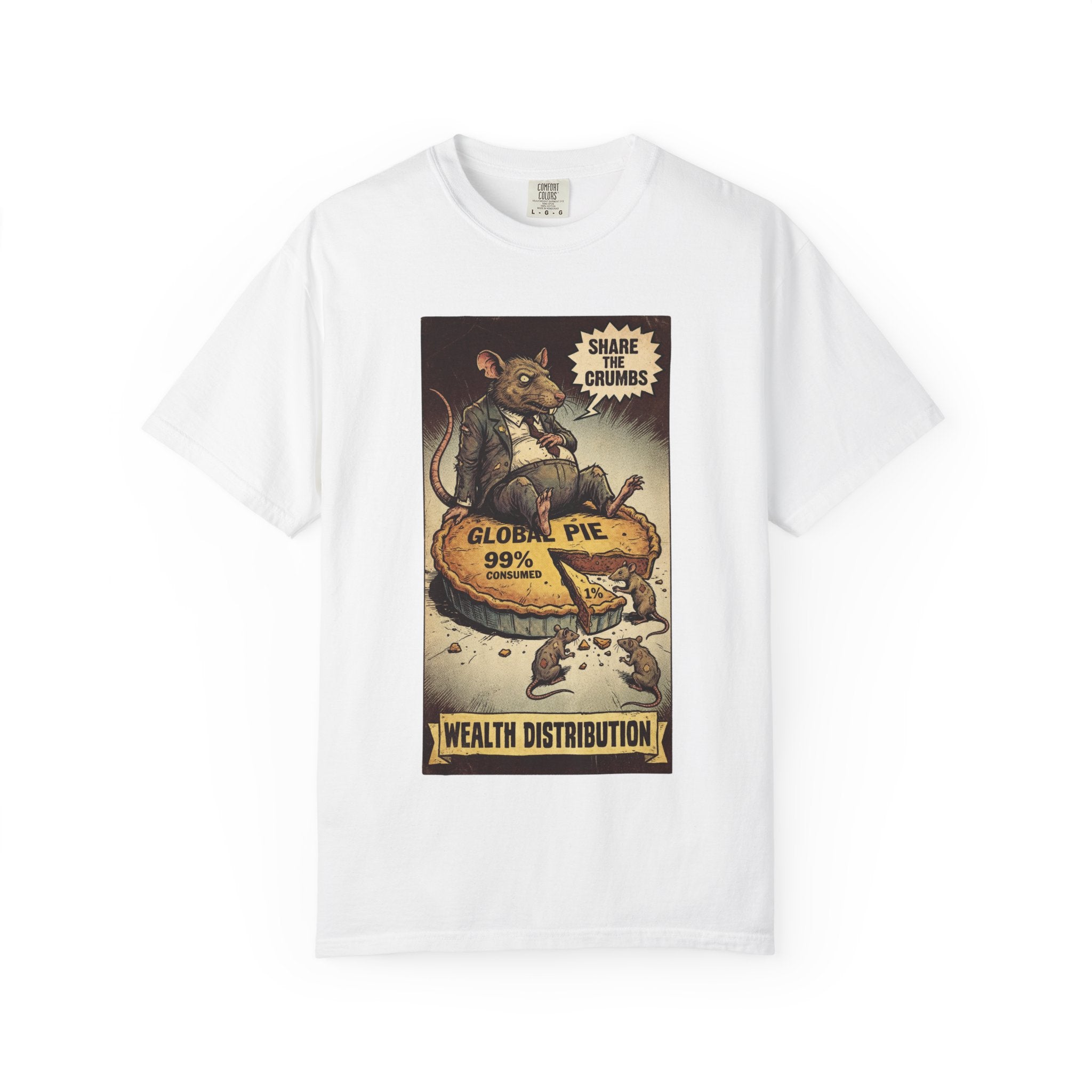 Share The Crumbs Shirt, Wealth Distribution Satire Tee, Vintage Capitalism Political Graphic, Social Justice Streetwear, Anti-Greed Rat Gift White