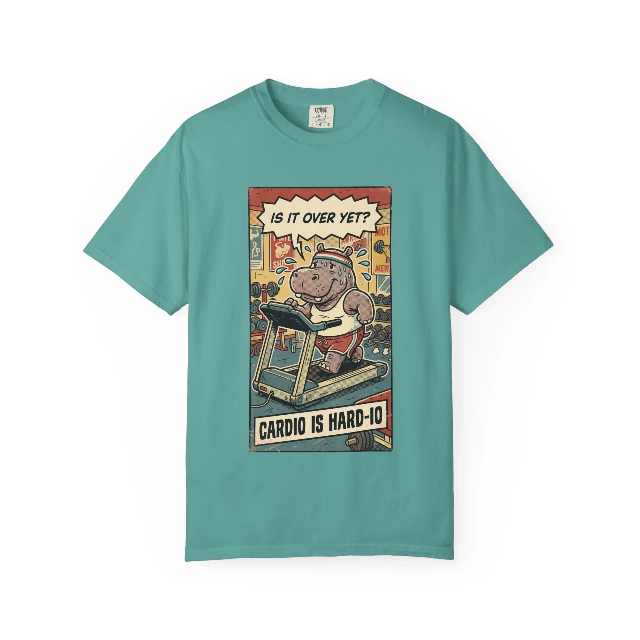 Funny Hippo Cardio Shirt - "Cardio is Hard-io" Retro Gym Tee - Vintage Sarcastic Workout T-Shirt - Humorous Exercise Fitness Gift - Distressed Comic Style Streetwear Seafoam