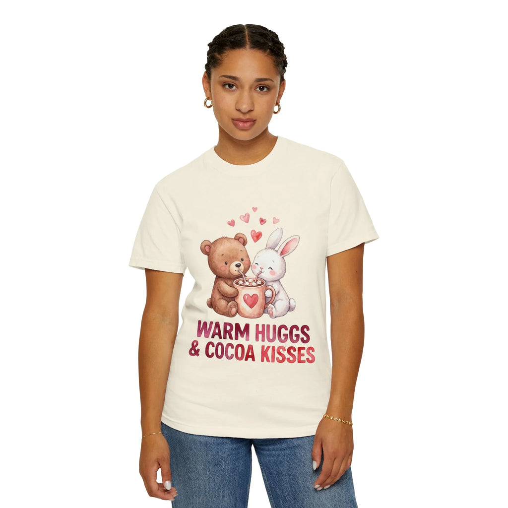 Warm Hugs and Cocoa Kisses T-Shirt | Bear Bunny Hot Cocoa Design | Cozy Winter Valentine Gift | Soft Vintage Aesthetic Tee
