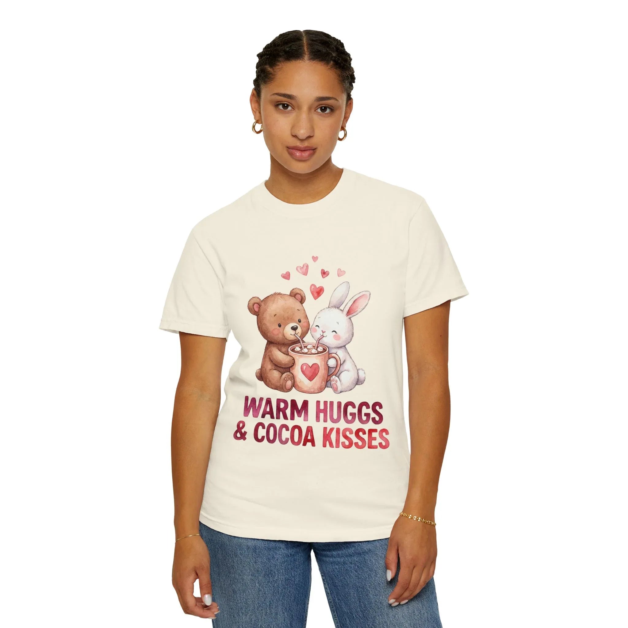 Warm Hugs and Cocoa Kisses T-Shirt | Bear Bunny Hot Cocoa Design | Cozy Winter Valentine Gift | Soft Vintage Aesthetic Tee