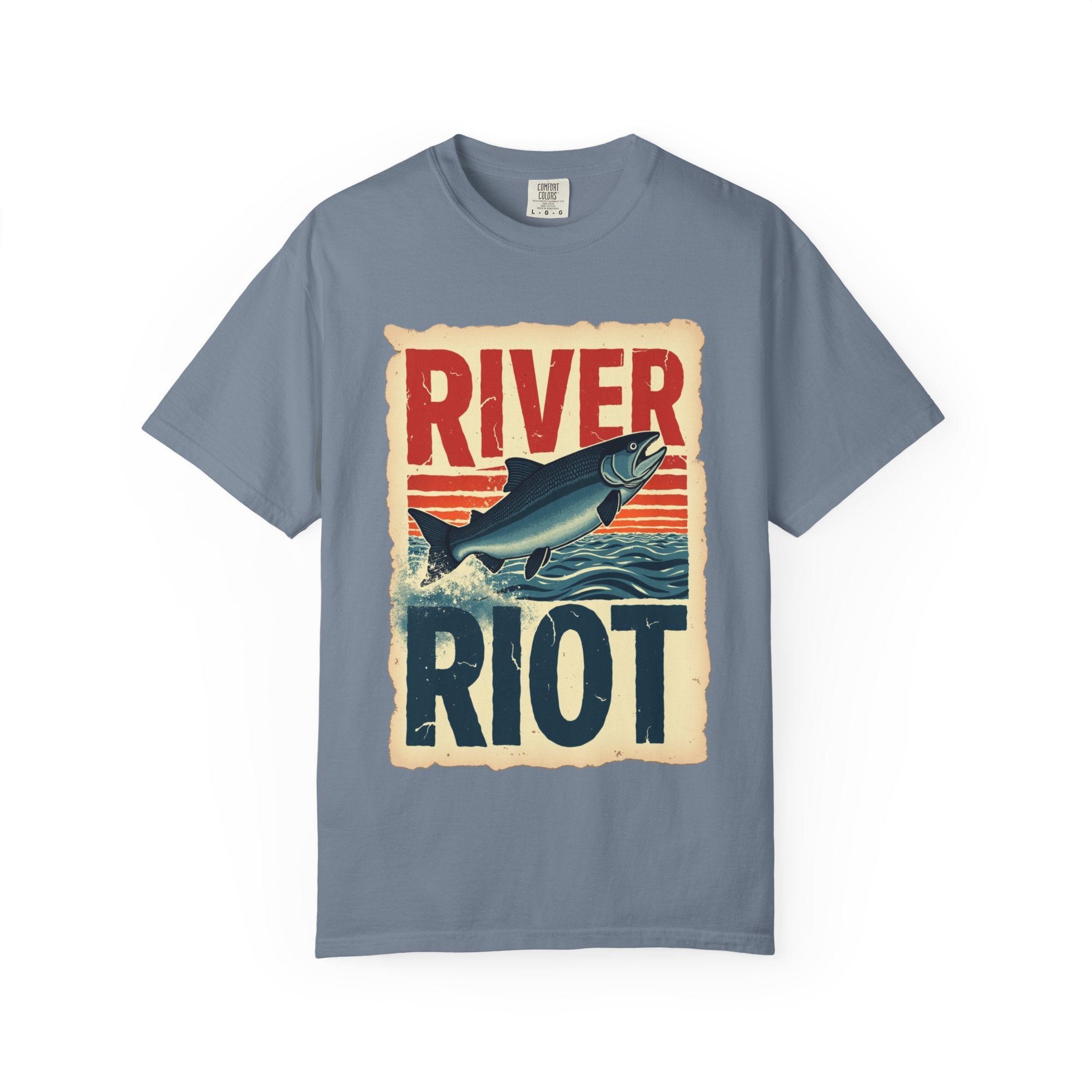 River Riot Salmon T-Shirt, Retro Fishing Graphic Tee, Vintage Fish Poster Design, Leaping Salmon Sunburst Stripes, Unisex Garment-Dyed Blue Jean