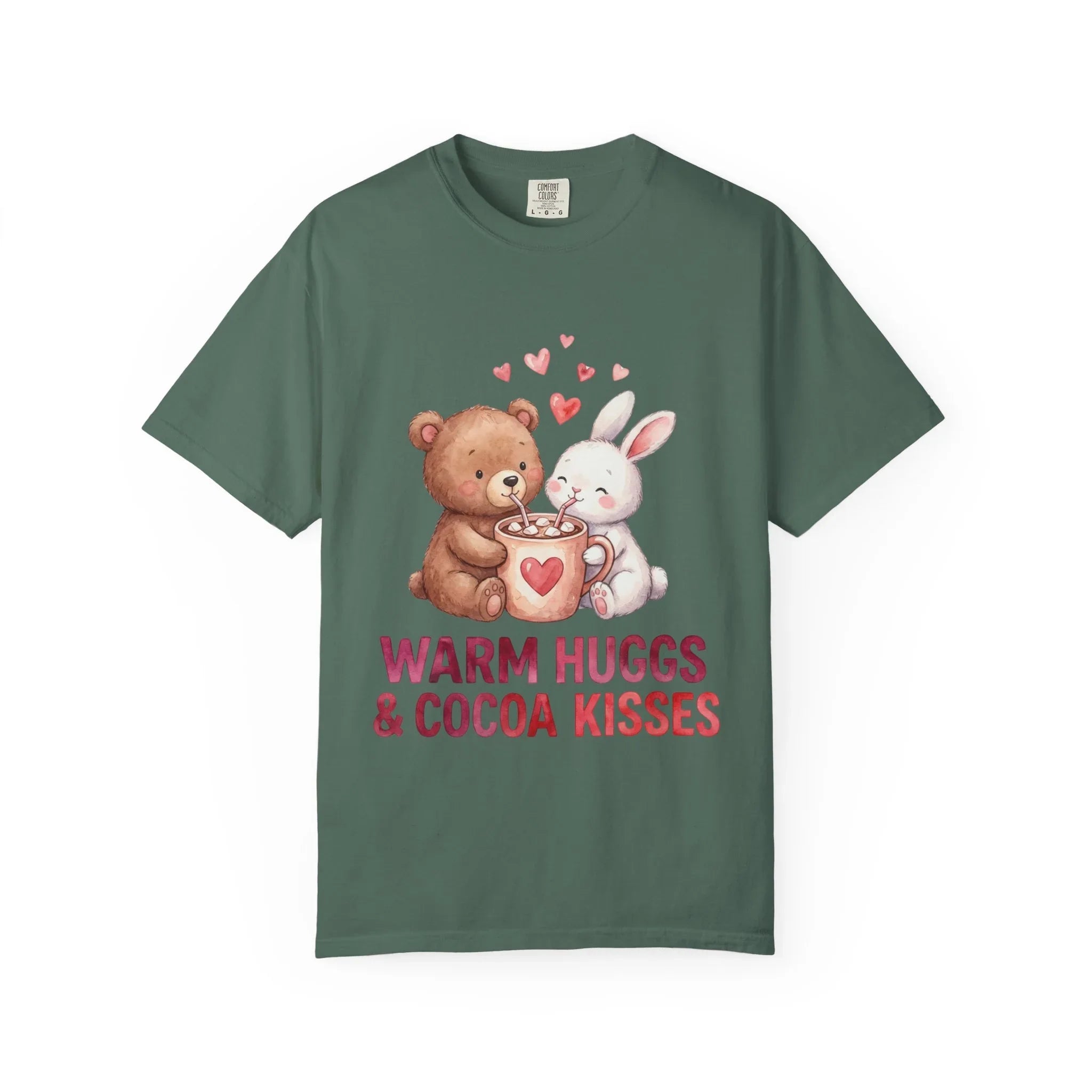 Warm Hugs and Cocoa Kisses T-Shirt | Bear Bunny Hot Cocoa Design | Cozy Winter Valentine Gift | Soft Vintage Aesthetic Tee Blue Spruce