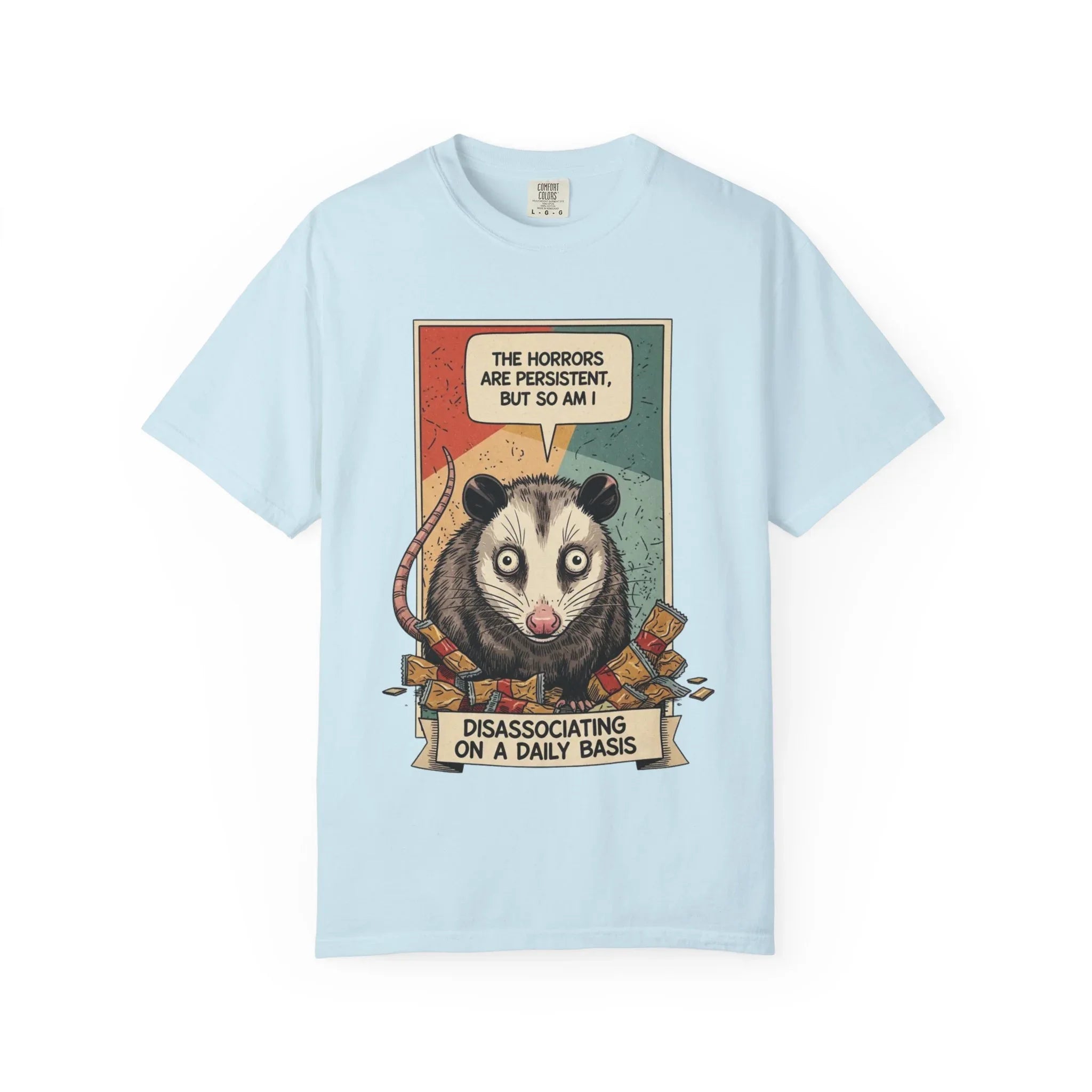 Funny Opossum Shirt - "The Horrors Are Persistent But So Am I" Tee - Mental Health Awareness Gift - Disassociation Meme Sweatshirt - Retro Trash Cat Hoodie Chambray