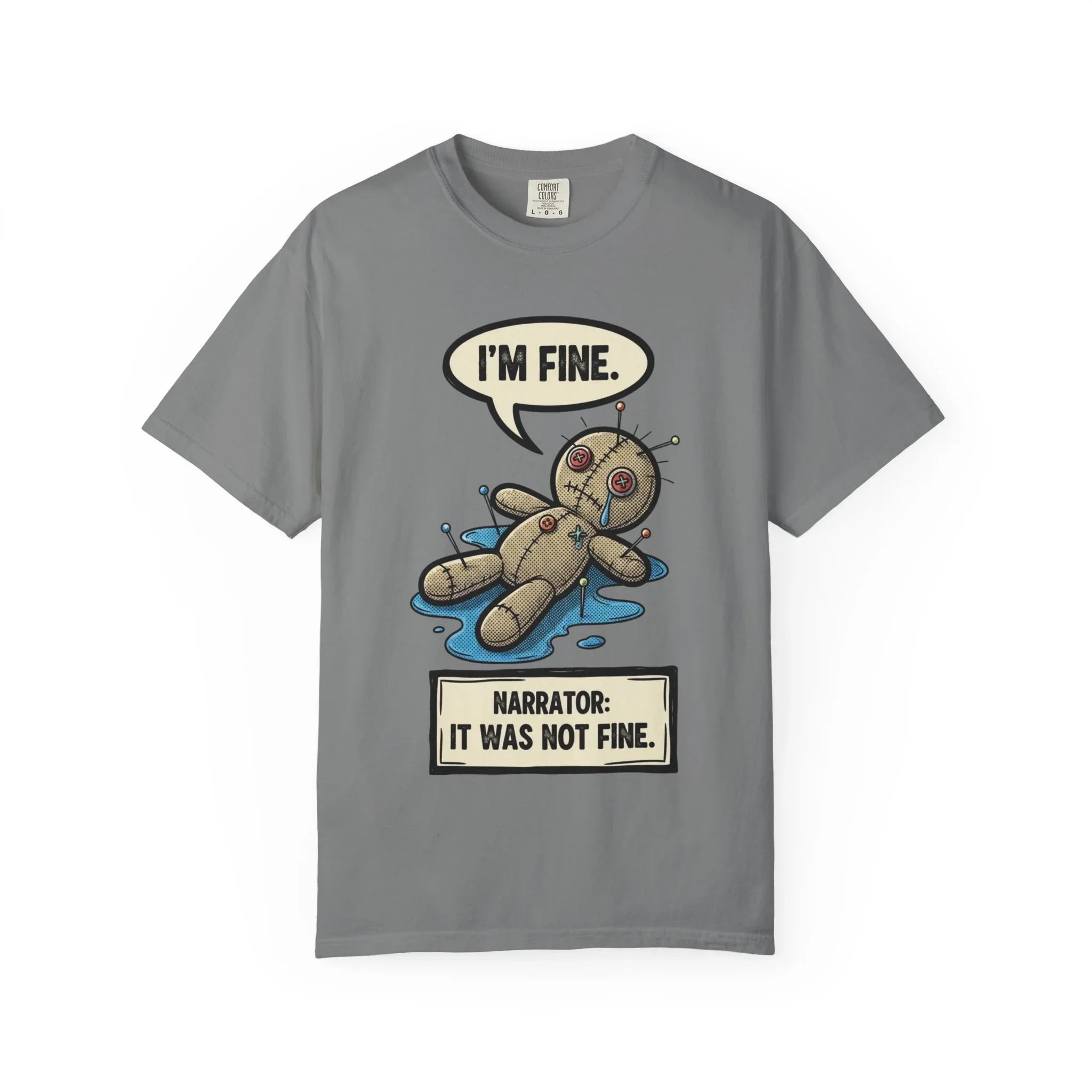 Funny Voodoo Doll "I'm Fine" Shirt - Sarcastic Mental Health Graphic Tee - Retro Comic Dark Humor T-Shirt - Vintage Garment-Dyed Relatable Mood Shirt - Edgy Aesthetic Streetwear Grey