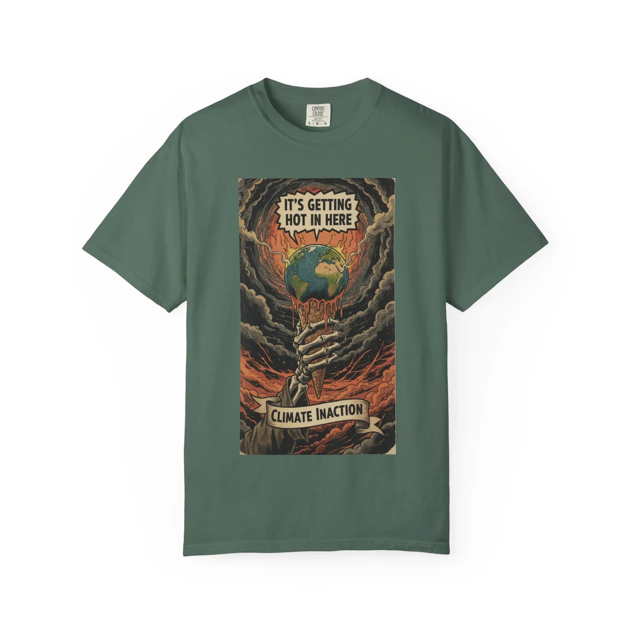 Climate Inaction Skeleton Melting Earth Shirt - Vintage Graphic Global Warming Activist Tee - Retro Aesthetic Sarcastic Eco-Friendly Gift - Heavyweight Garment-Dyed Unisex T-shirt Blue Spruce