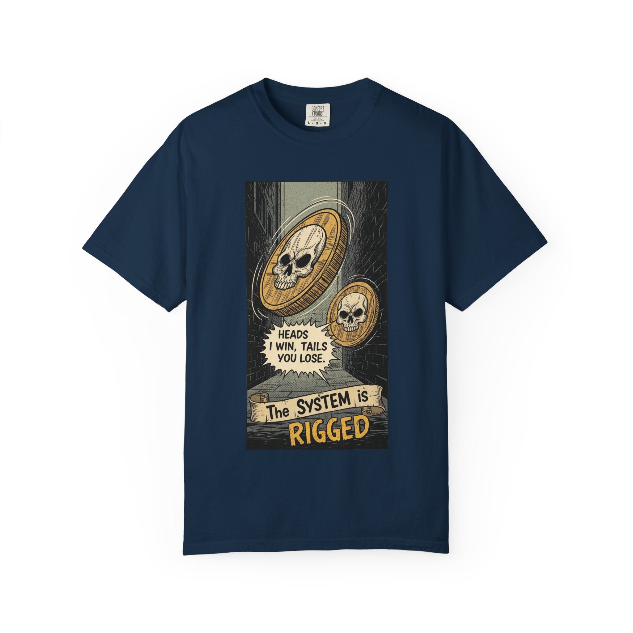 Vintage Satirical T-Shirt | Political Theater & Rigged System Retro Comic Tee | Sarcastic Dark Humor Shirt | Unisex Premium Cotton Graphic Tee True Navy