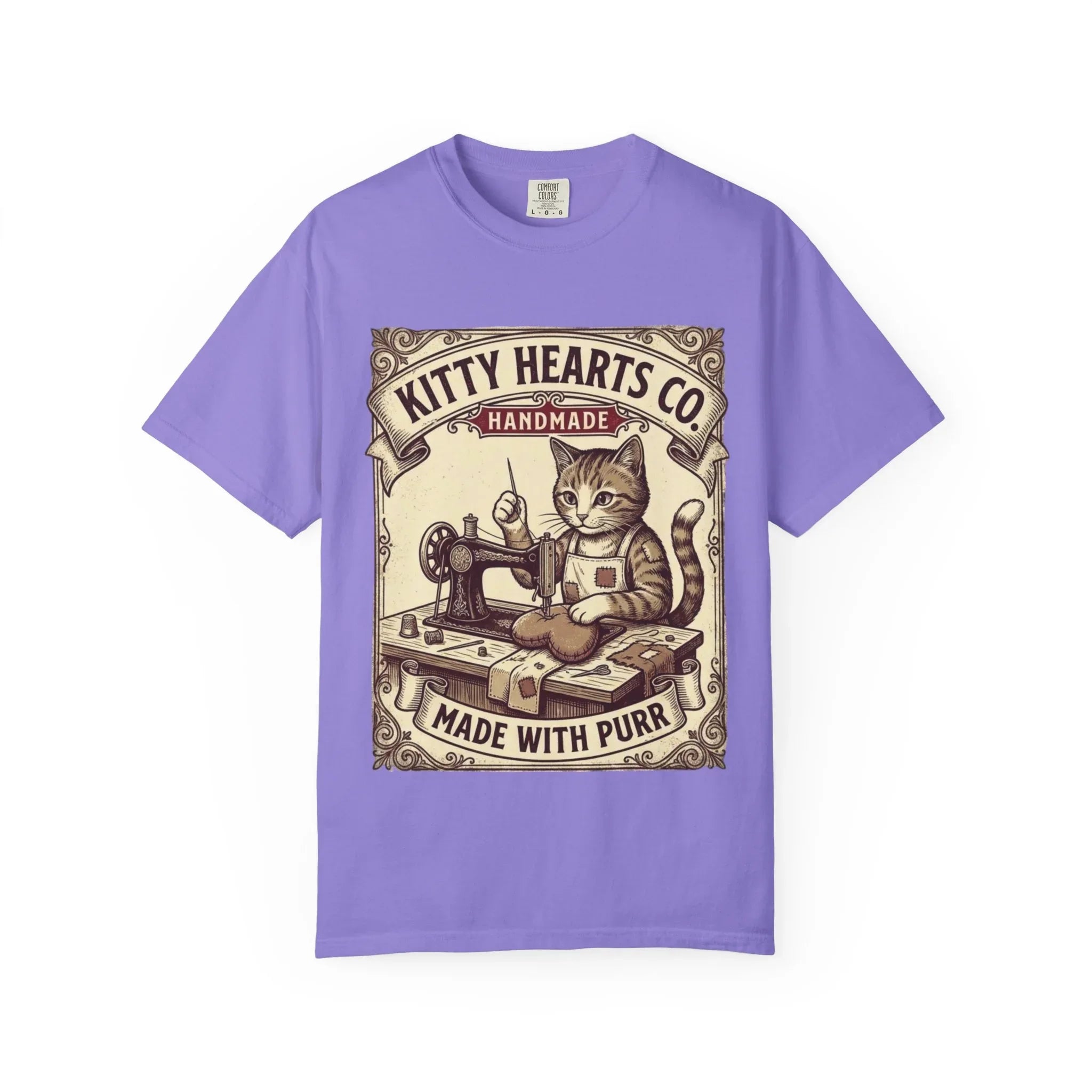 Kitty Hearts Co T-Shirt | Vintage Sewing Cat Made With Purr Graphic Tee | Retro Craft Lover Gift Violet