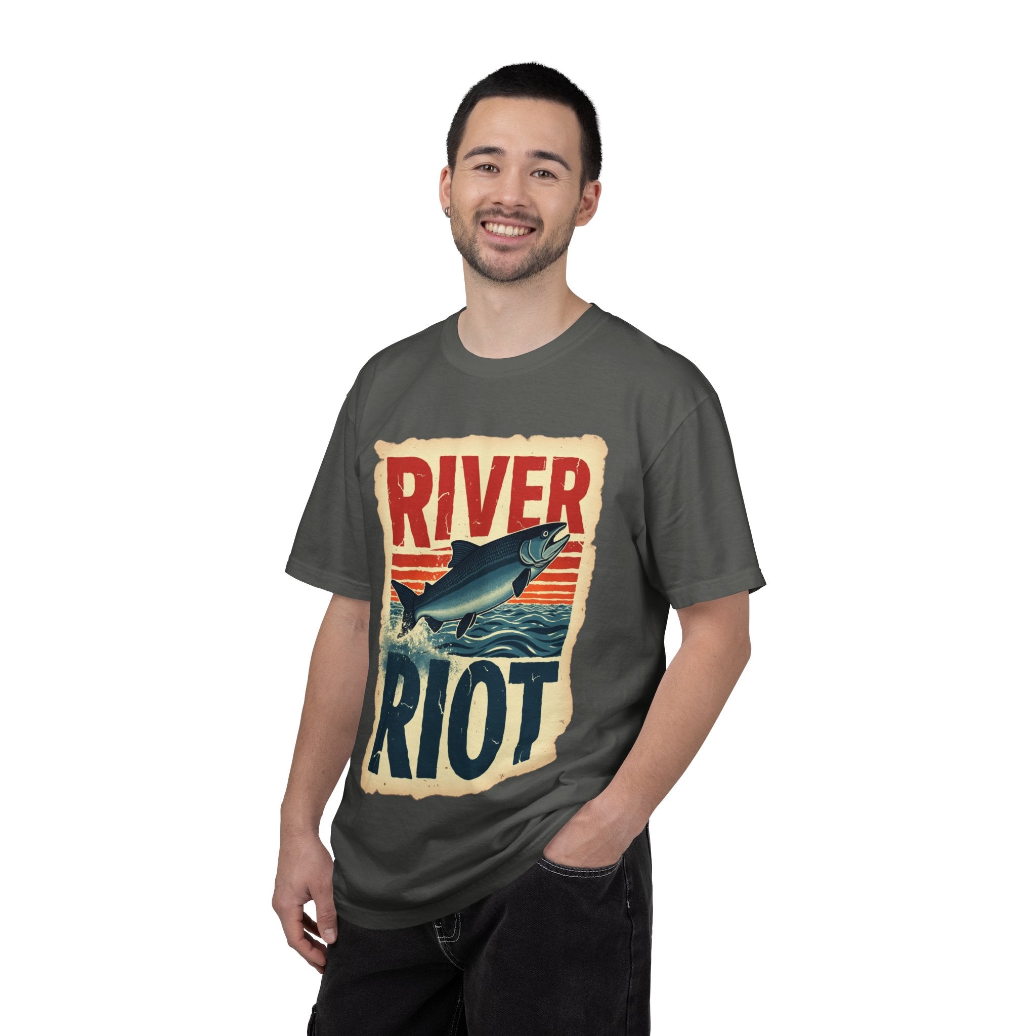 River Riot Salmon T-Shirt, Retro Fishing Graphic Tee, Vintage Fish Poster Design, Leaping Salmon Sunburst Stripes, Unisex Garment-Dyed