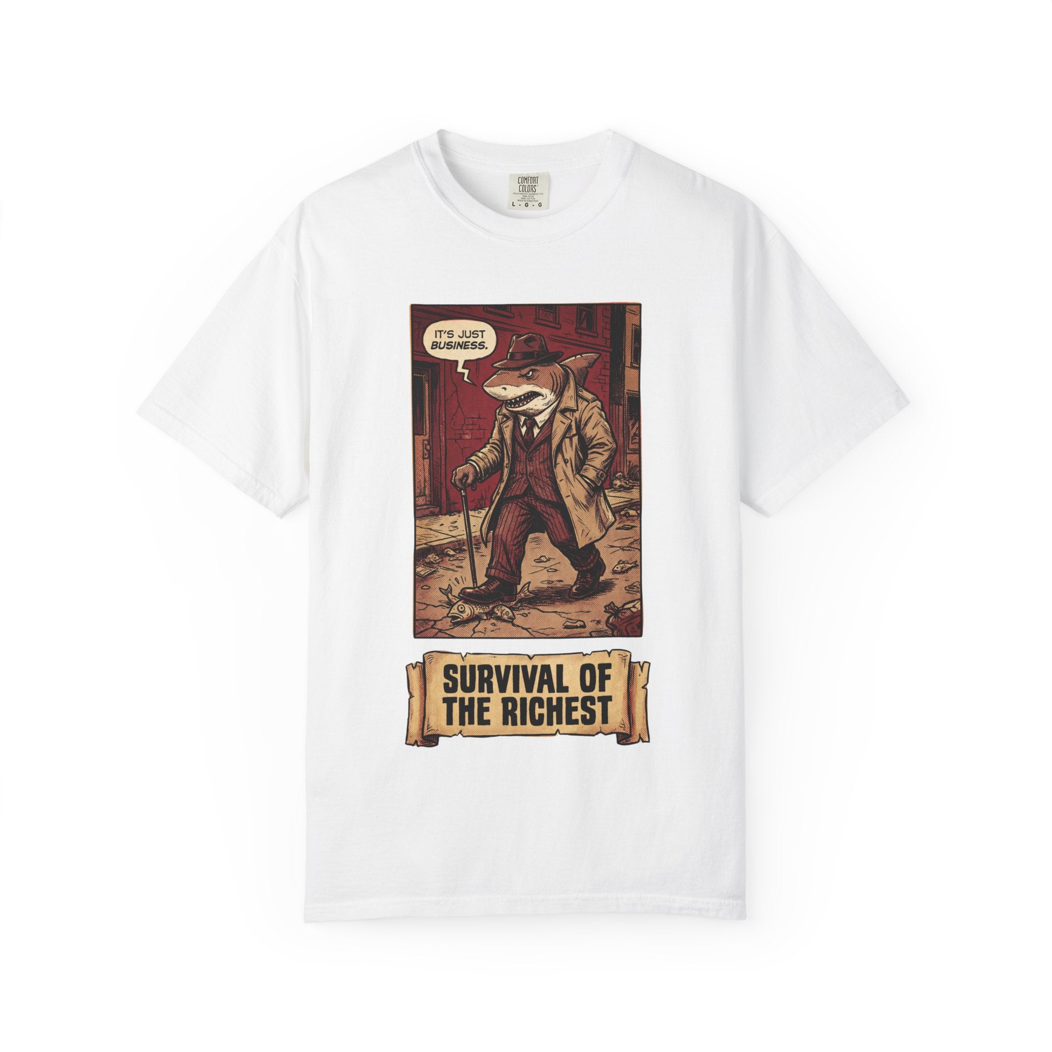 Survival of the Richest Shirt Vintage Business Shark Tee Retro Comic Style Satirical Graphic Top Dark Humor Mafia Art Gift White