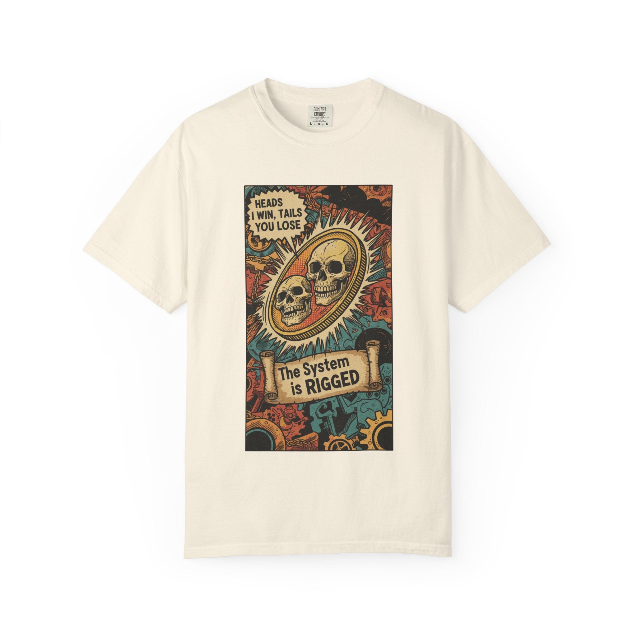 The System Is Rigged T-Shirt - Vintage Satirical Skull Coin Graphic - Dark Humor Chess Knight Pawn Tee - Retro Propaganda Streetwear Ivory