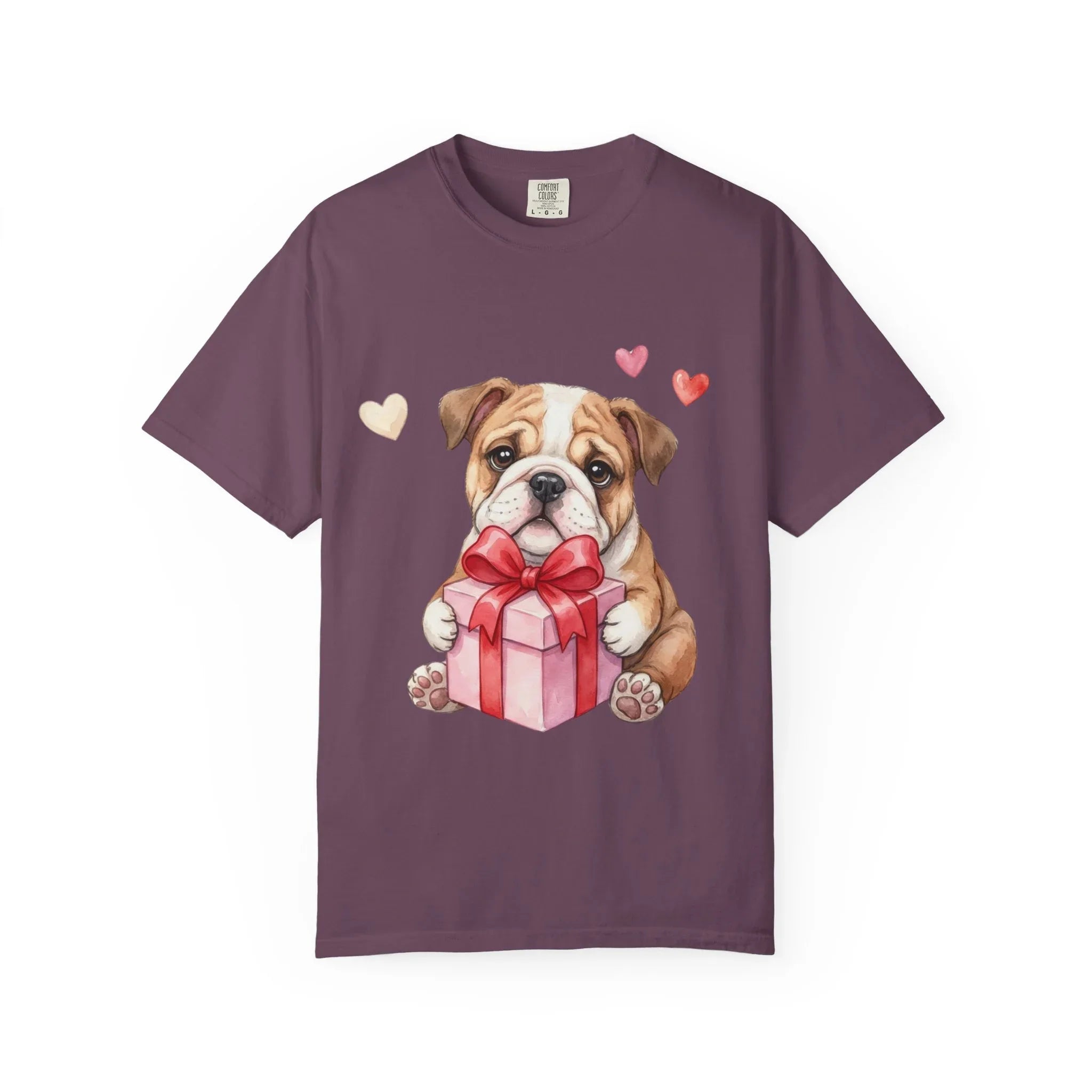 Bulldog Puppy with Gift T-Shirt | Cute Dog Valentine Hearts | Cozy Pet Lover Gift | Soft Vintage Aesthetic Dog Tee Berry M