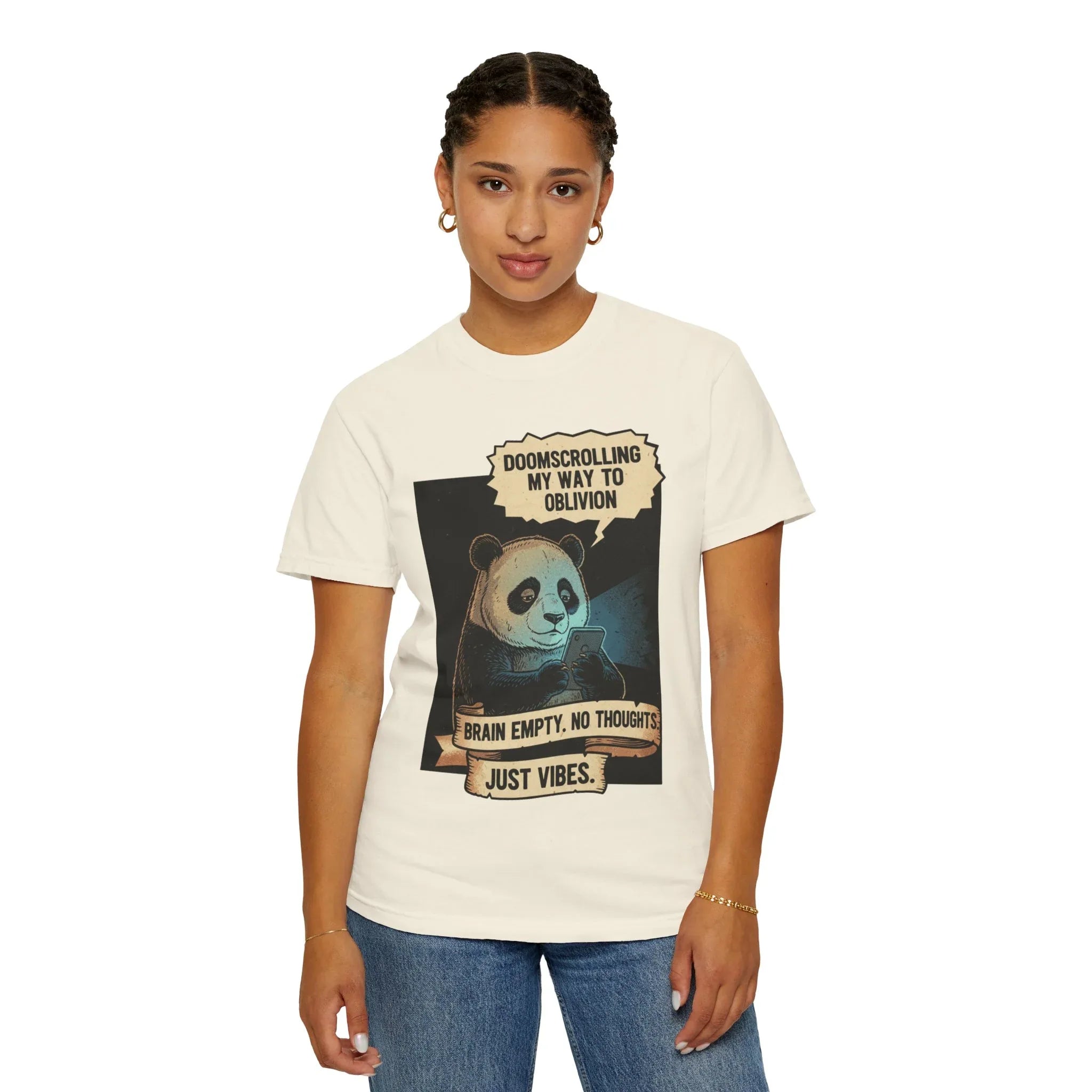 Funny Panda Doomscrolling Shirt Brain Empty No Thoughts Just Vibes Tee Retro Vintage Aesthetic Tshirt Relatable Meme Gift for Introverts