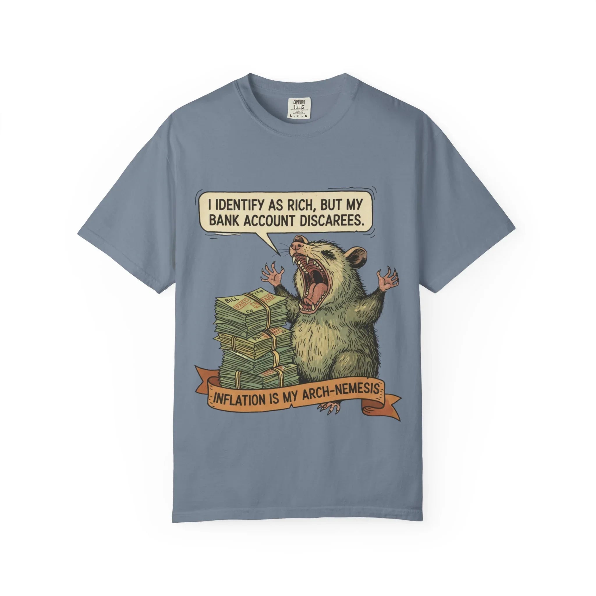 Funny Opossum Shirt I Identify As Rich Sarcastic Animal Meme Tee Screaming Opossum Gift for Friend Inflation Struggle Humor Top Blue Jean