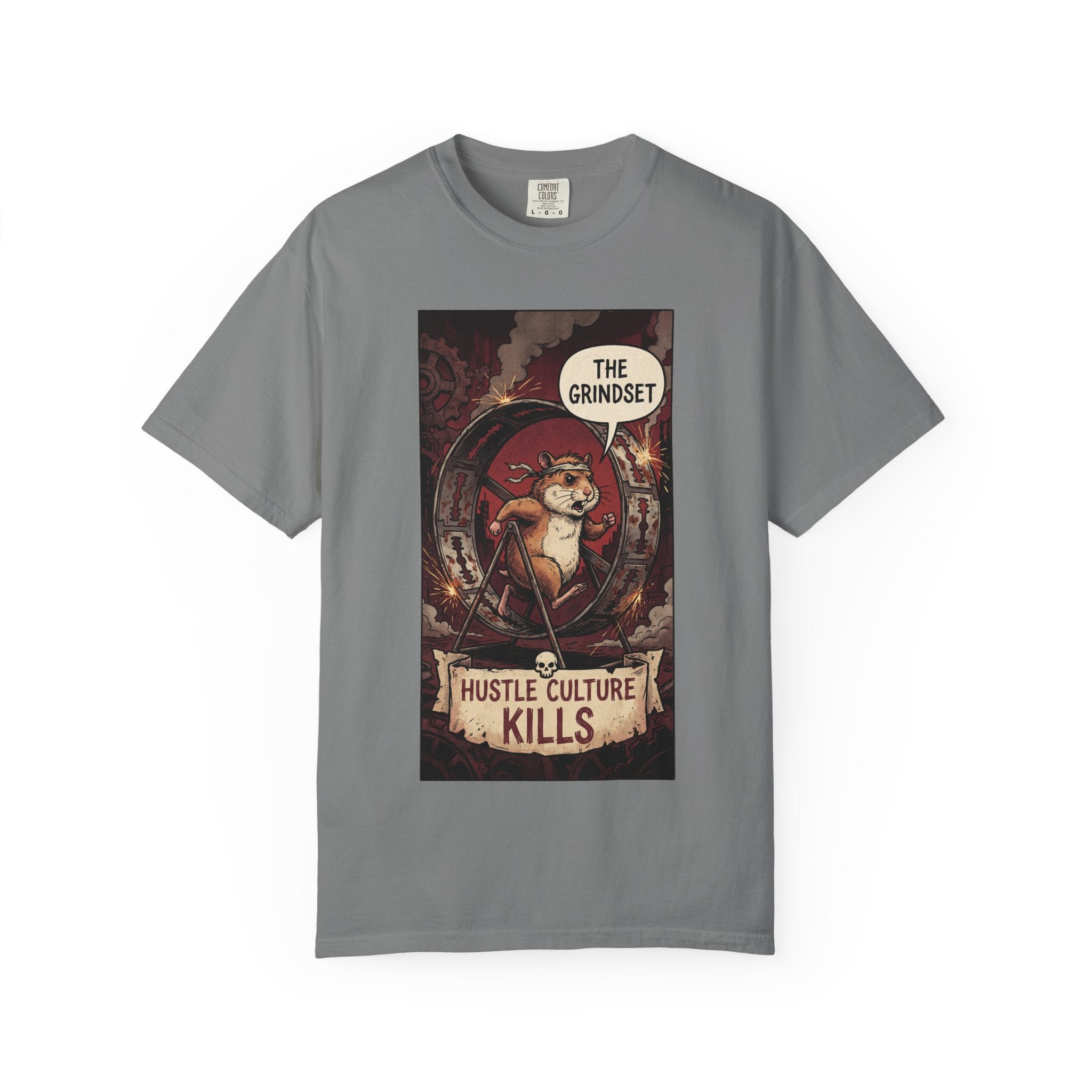 The Grindset Shirt - Hustle Culture Kills T-Shirt - Sarcastic Burnout Awareness Tee - Vintage Comic Graphic - Corporate Satire Gift Grey