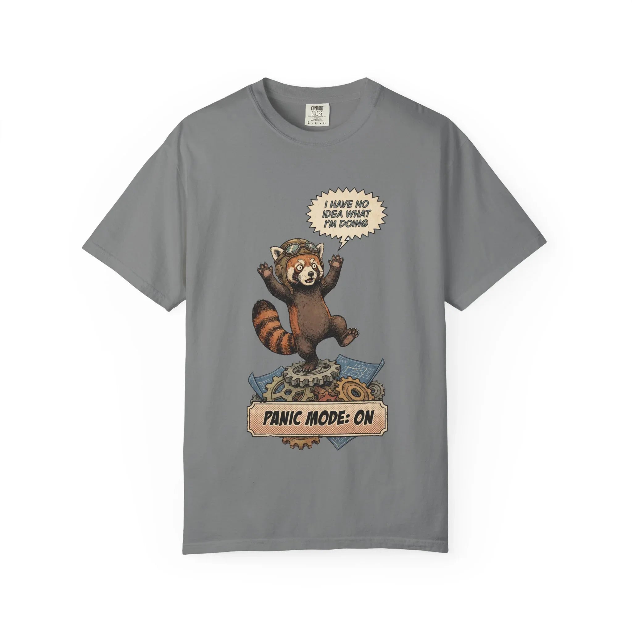 Vintage Red Panda T-Shirt - Funny Engineer Gift - Panicked Pilot Shirt - Imposter Syndrome Meme Tee - Retro Mechanic Animal Graphic - "Panic Mode On" Top Grey