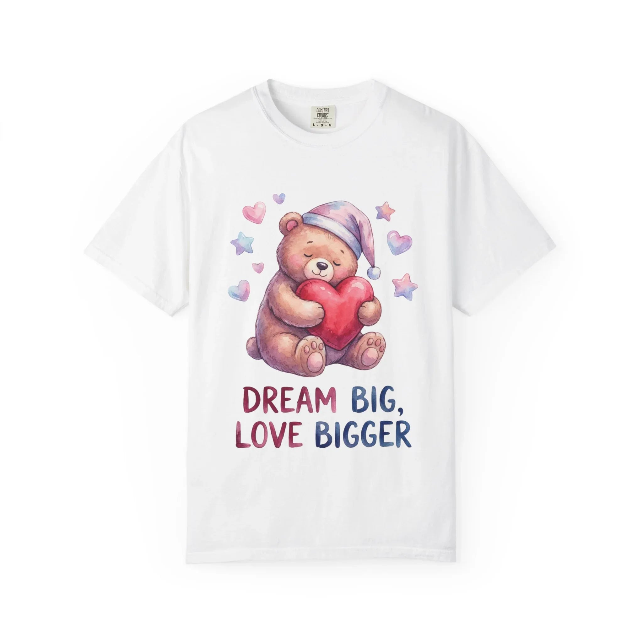 Teddy Bear Holding Heart Dream Big Love Bigger T Shirt Watercolor Cozy Vintage Aesthetic Gift Lovers Soft Cotton Motivational Tee