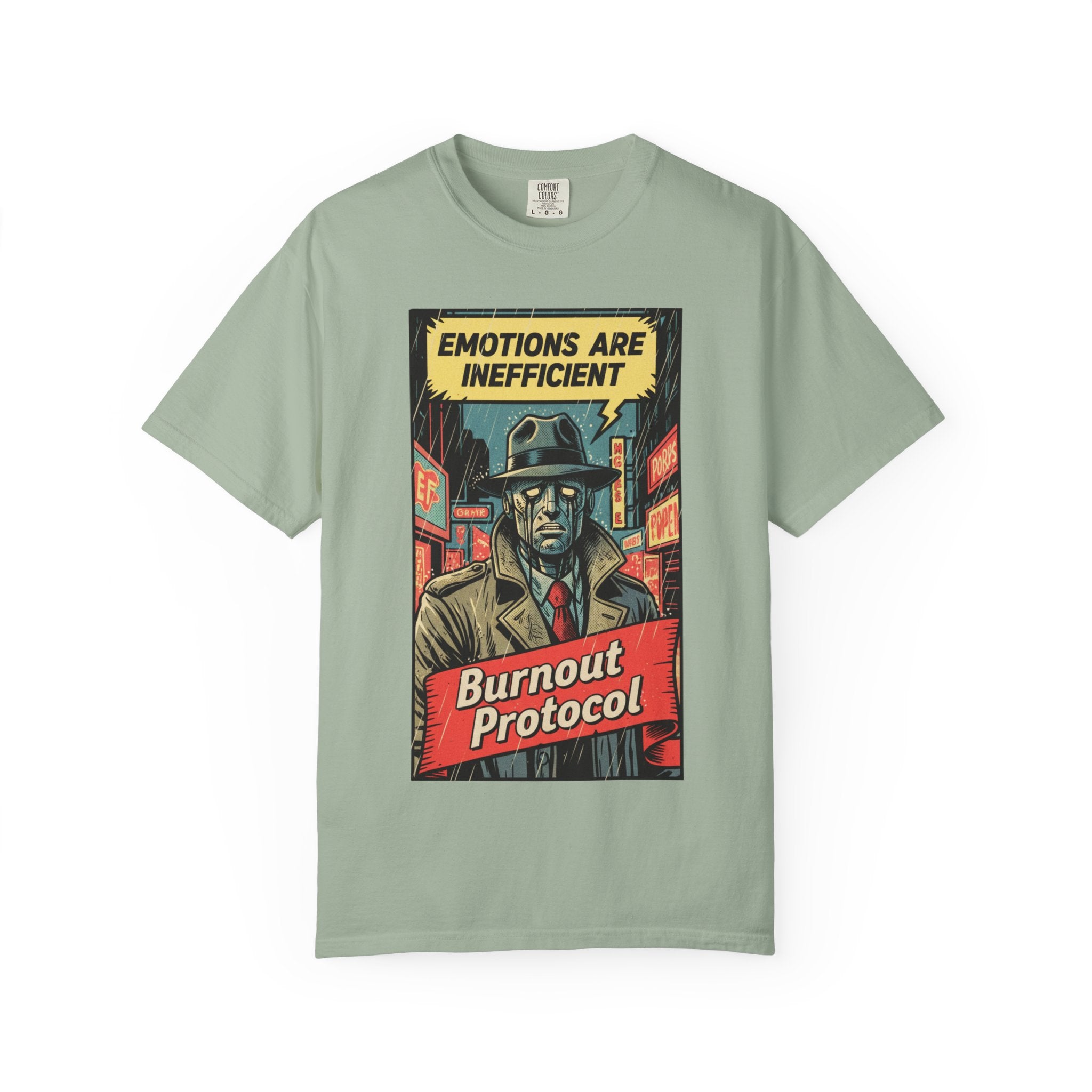 Burnout Protocol Vintage Comic Shirt Retro Robot Detective Graphic Tee Sarcastic Android Art Gift for Tech Workers Software Engineer Noir Bay