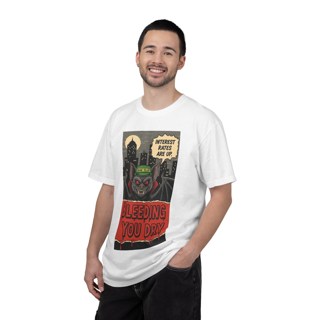 Interest Rates Are Up Shirt Bleeding You Dry Vampire Bank Teller Tee Retro Horror Comic Finance Humor Sarcastic Banking System Graphic