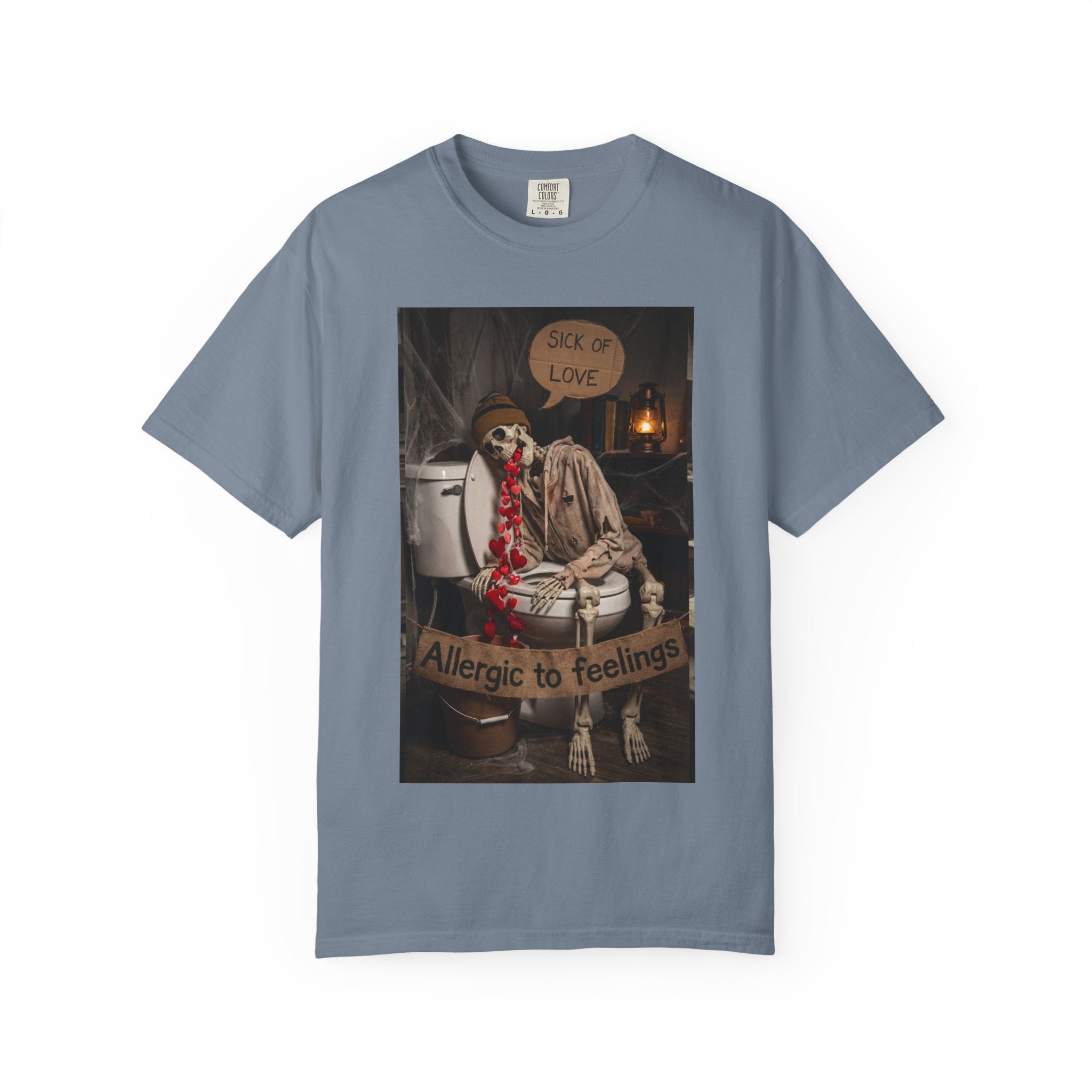 🤮 Sick of Love – Vintage Skeleton Heartbreak Satire & Grunge Streetwear Vintage Skeleton Graphic Tee - Sick of Love Dark Humor Streetwear Blue Jean