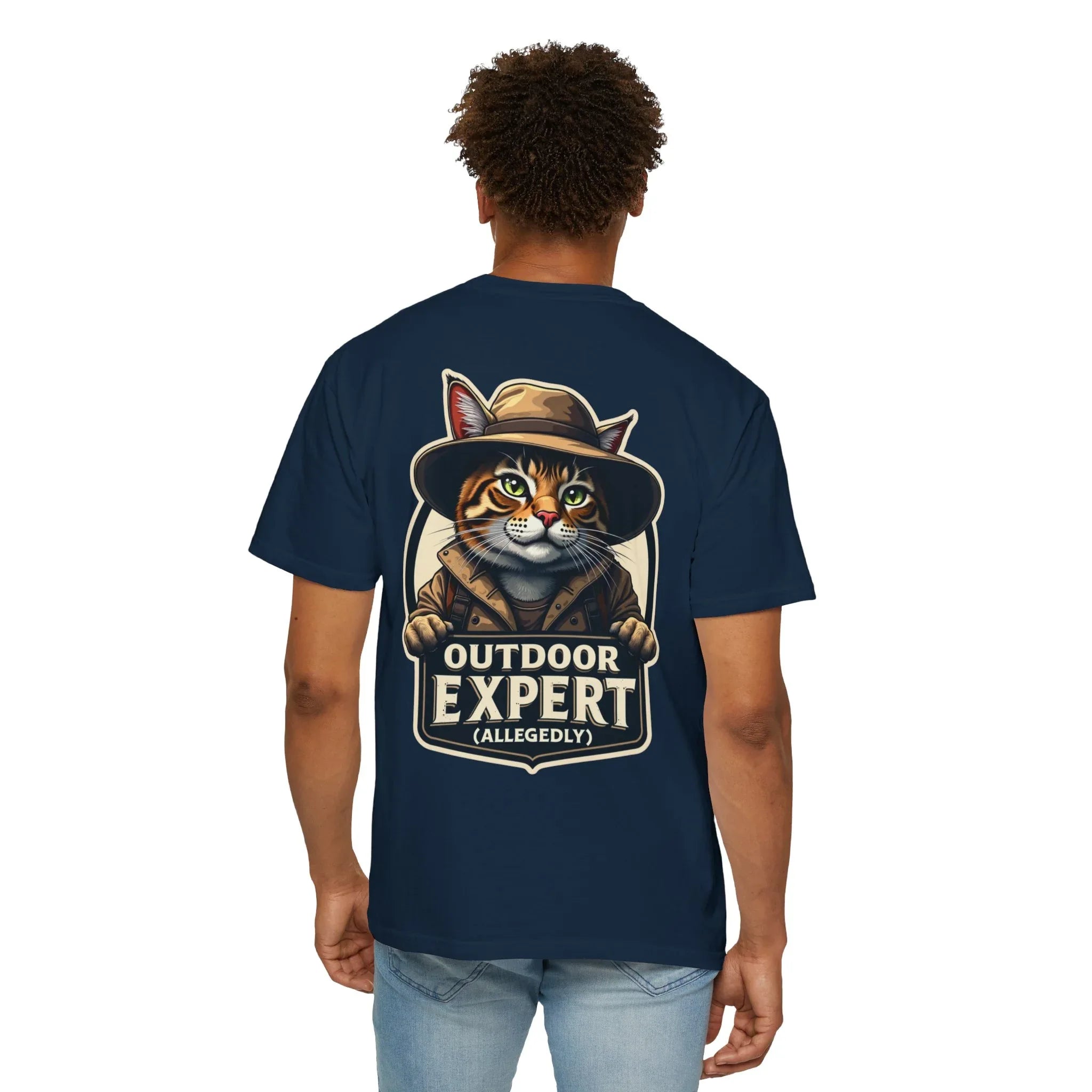 Outdoor Expert Cat T-Shirt, Outdoor Expert (Allegedly) Back Print Tee, Funny Camping Cat in Fedora Badge, Unisex Garment-Dyed