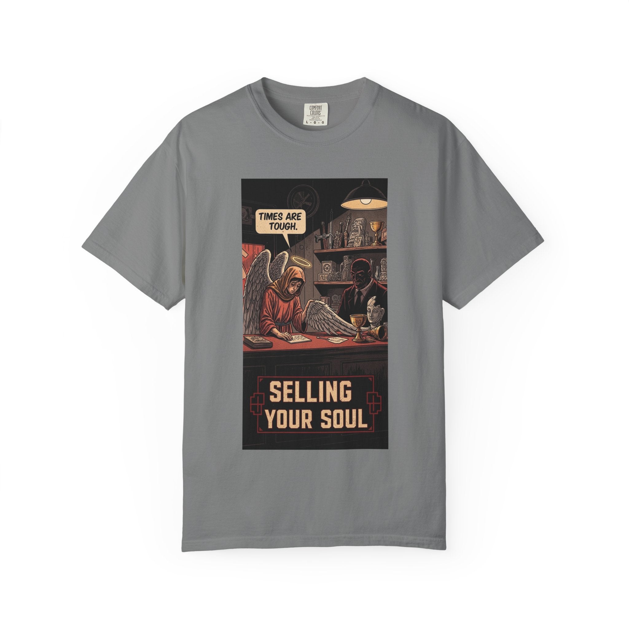 Selling Your Soul Shirt - Vintage Pawn Shop Satire Tee - Angel Social Commentary T-Shirt - Dark Humor Philosophy Gift - Retro Comic Graphic Apparel Grey