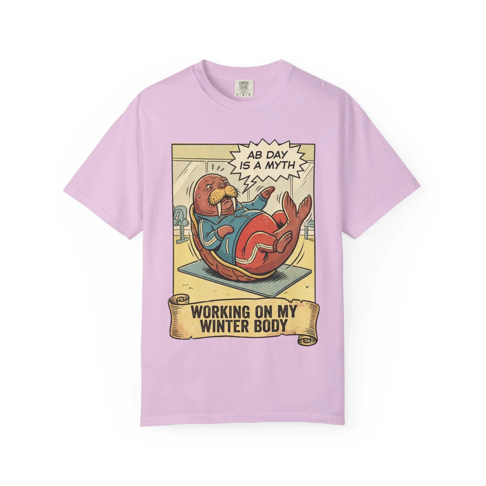 Funny Walrus Gym Shirt - "Ab Day Is A Myth" Retro Comic Tee - Sarcastic Workout Graphic T-Shirt - Working On My Winter Body Gift - Vintage Pop Art Fitness Streetwear Orchid
