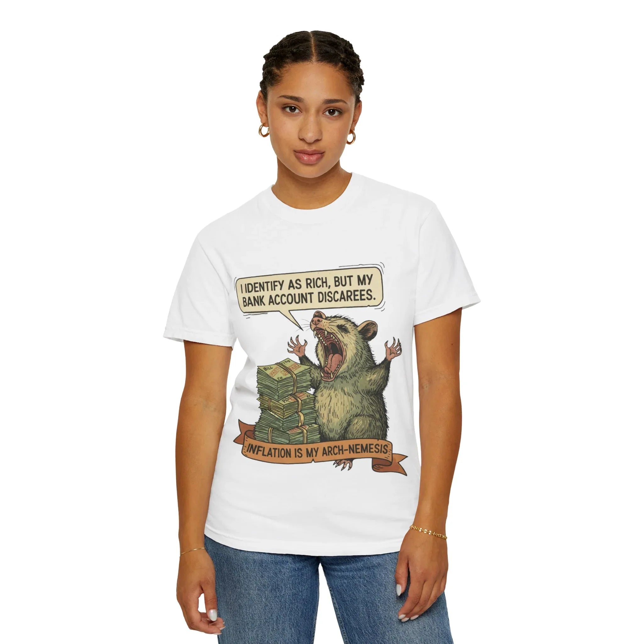 Funny Opossum Shirt I Identify As Rich Sarcastic Animal Meme Tee Screaming Opossum Gift for Friend Inflation Struggle Humor Top