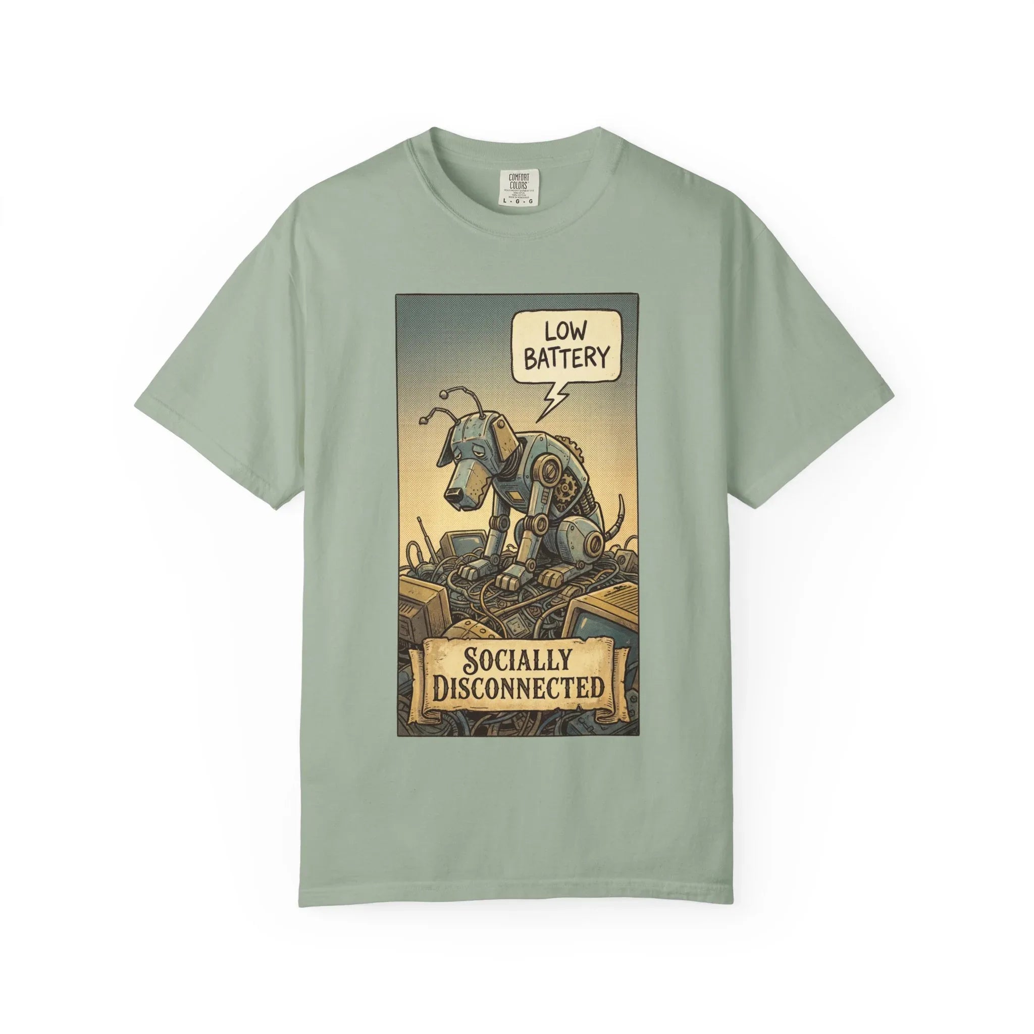 Socially Disconnected Robot Dog Shirt - Vintage Retro Comic Tee - Social Battery Introvert Gift - Satirical Humor Aesthetic T-Shirt - Relatables Low Battery Robot Graphic Tee Bay